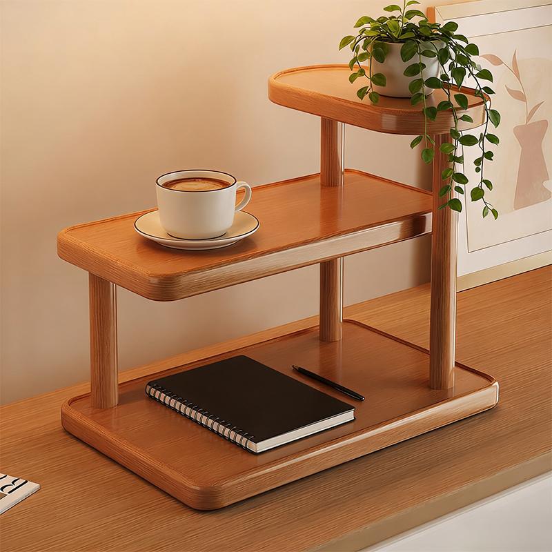 Solid Wood Multi Tier Desktop Display Shelf Modern Light Brown Freestanding Storage Rack No Assembly Needed Space Saving for Bathroom Kitchen Bedroom Vanity Retail Display Stand