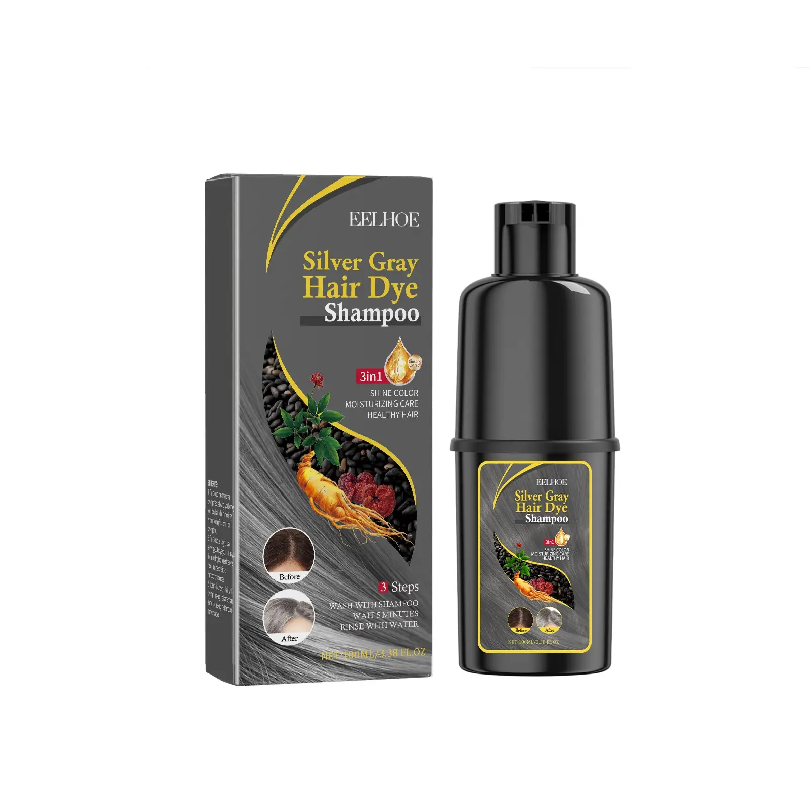 Silver Gray Hair Dye Shampoo 3 in 1, Instant Hair Color Shampoo, Long Lasting Silver Grey Hair Dye, Herbal Color Shampoo Hair Dye, Easy to Use Silver Hair Shampoo & Champu Para Canas