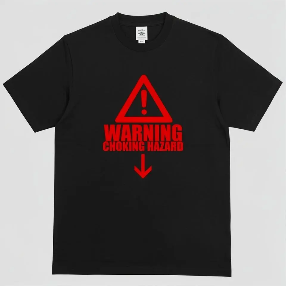 Men's Classic Fit Round Neck Short Sleeve Graphic Tee - Chic Heavy Cotton Casual Top with "Warning Choking Hazard" Print (Unisex Menswear Style)