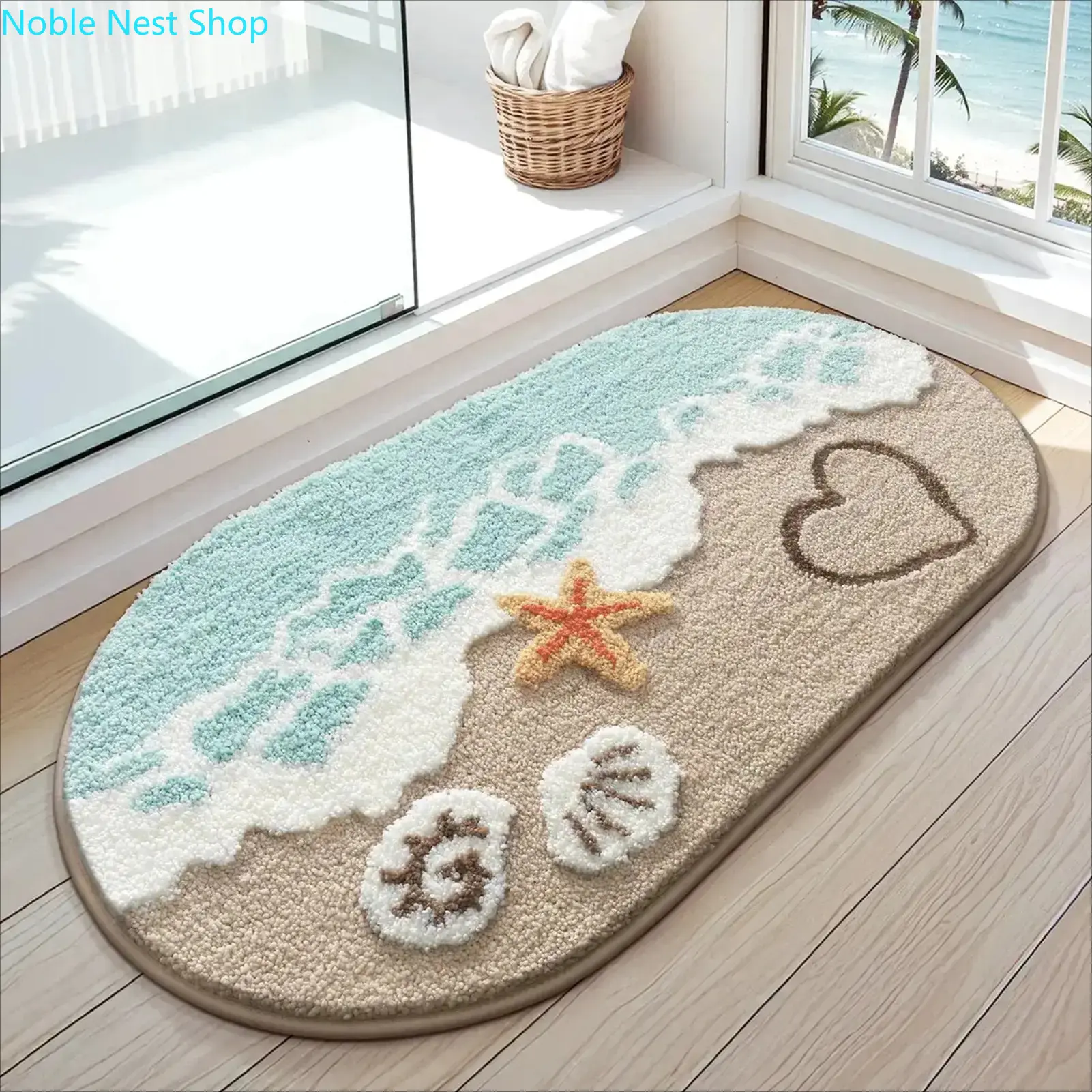 Coastal Starfish Shells Bathroom Rug, Soft Absorbent Non-Slip Sea Theme Mat for Kitchen or Entryway, 22x34 Inch, Absorbent Fabric