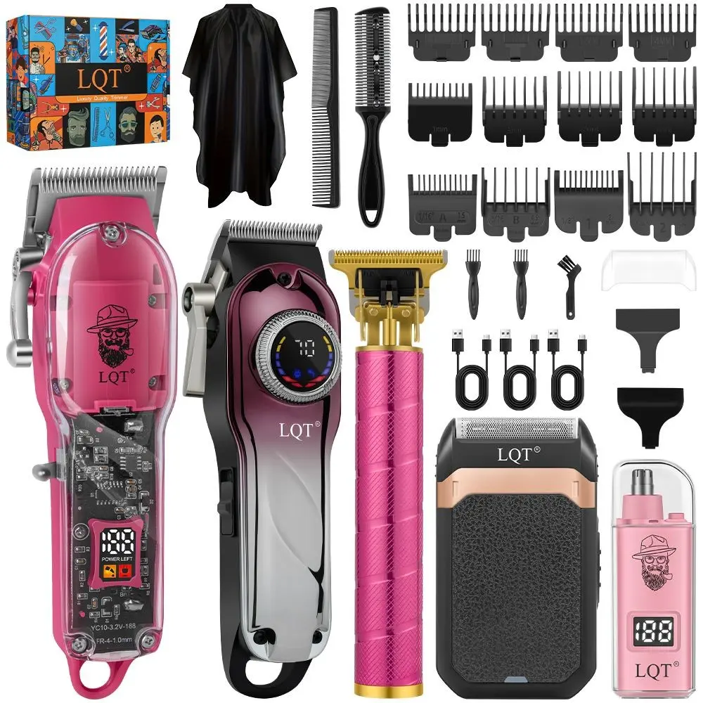 LQT 5-in-1 Pink Transparent Hair Clippers Set, Cordless Rechargeable Barber Kit with Clear Main Clipper, T-Trimmer, Foil Shaver & Nose Trimmer, LED Display Complete Haircutting Kit with Guide Combs & Barber Cape for Home Salon DIY Haircuts