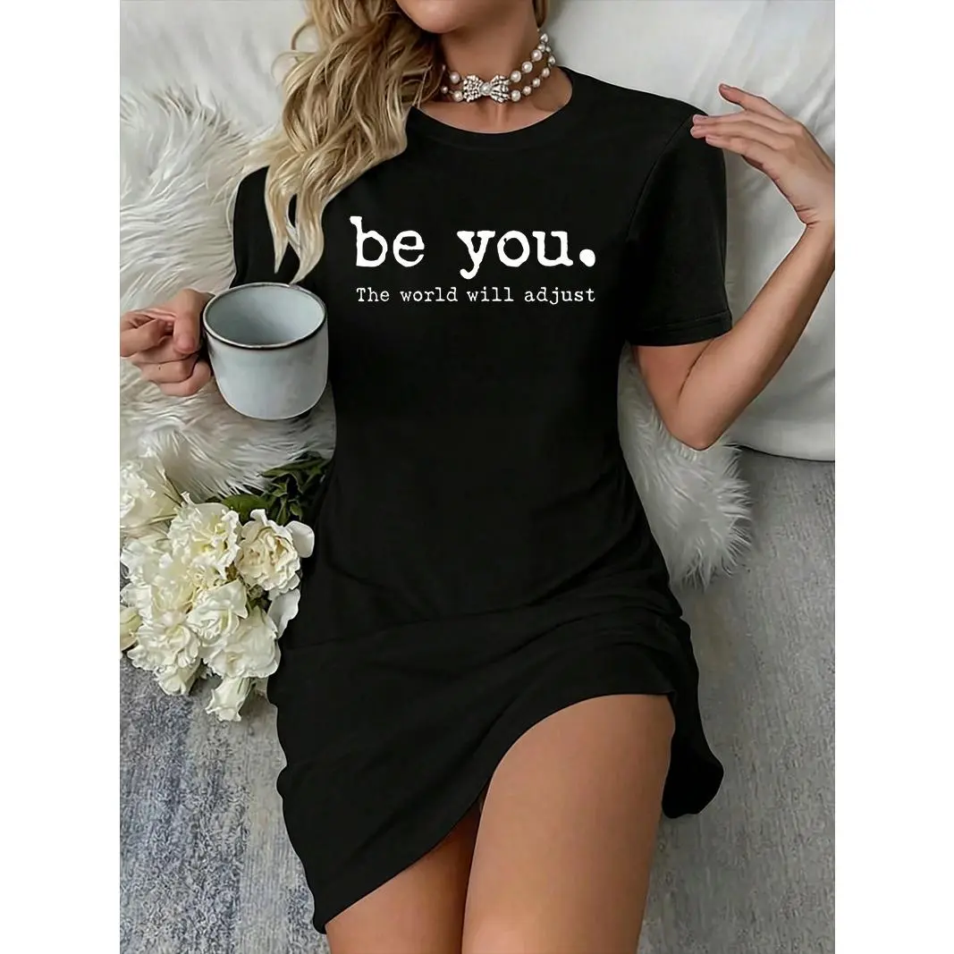 Minimal Self Love Motivational Quote Letter Slogan Graphic Print Crew Neck Short Sleeve Oversized T Shirt Dress Loose Hem Lightweight Casual Lounge Sleep Mini Nightshirt