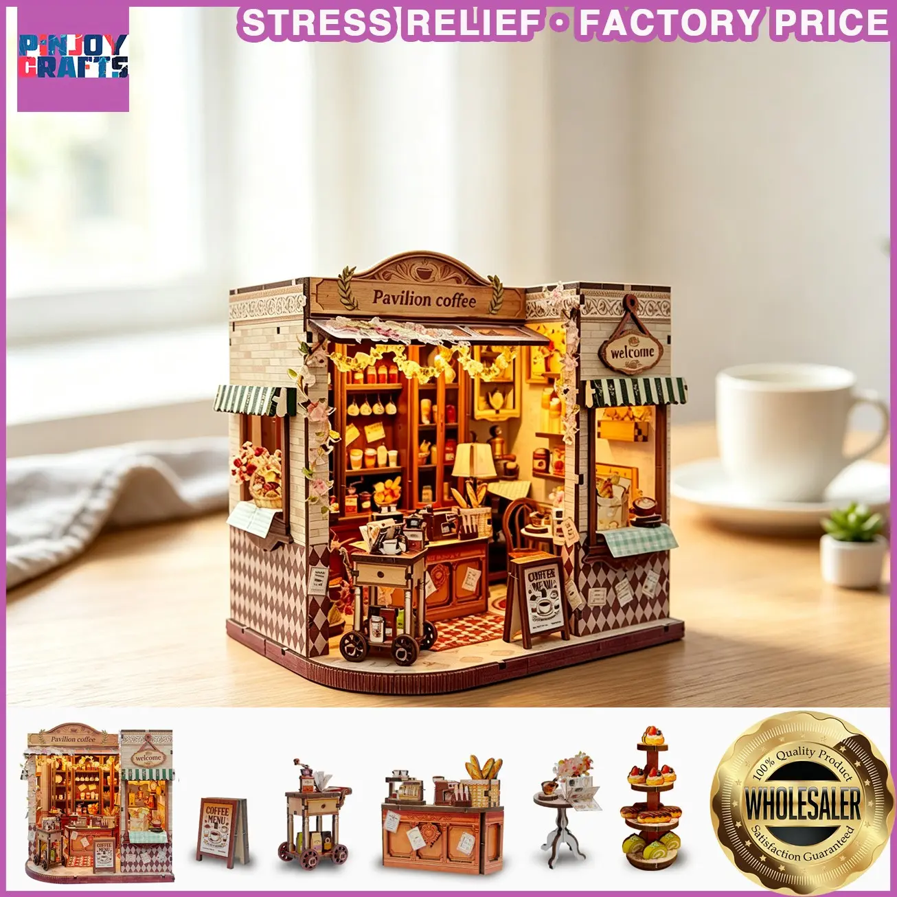 Elegant Coffee Shop Wooden Model, Bookshelf Desktop Decor 3D Puzzle Set, Stress Relief DIY Project for Youth and Adults, Must-Have for Book Lovers and Collectors