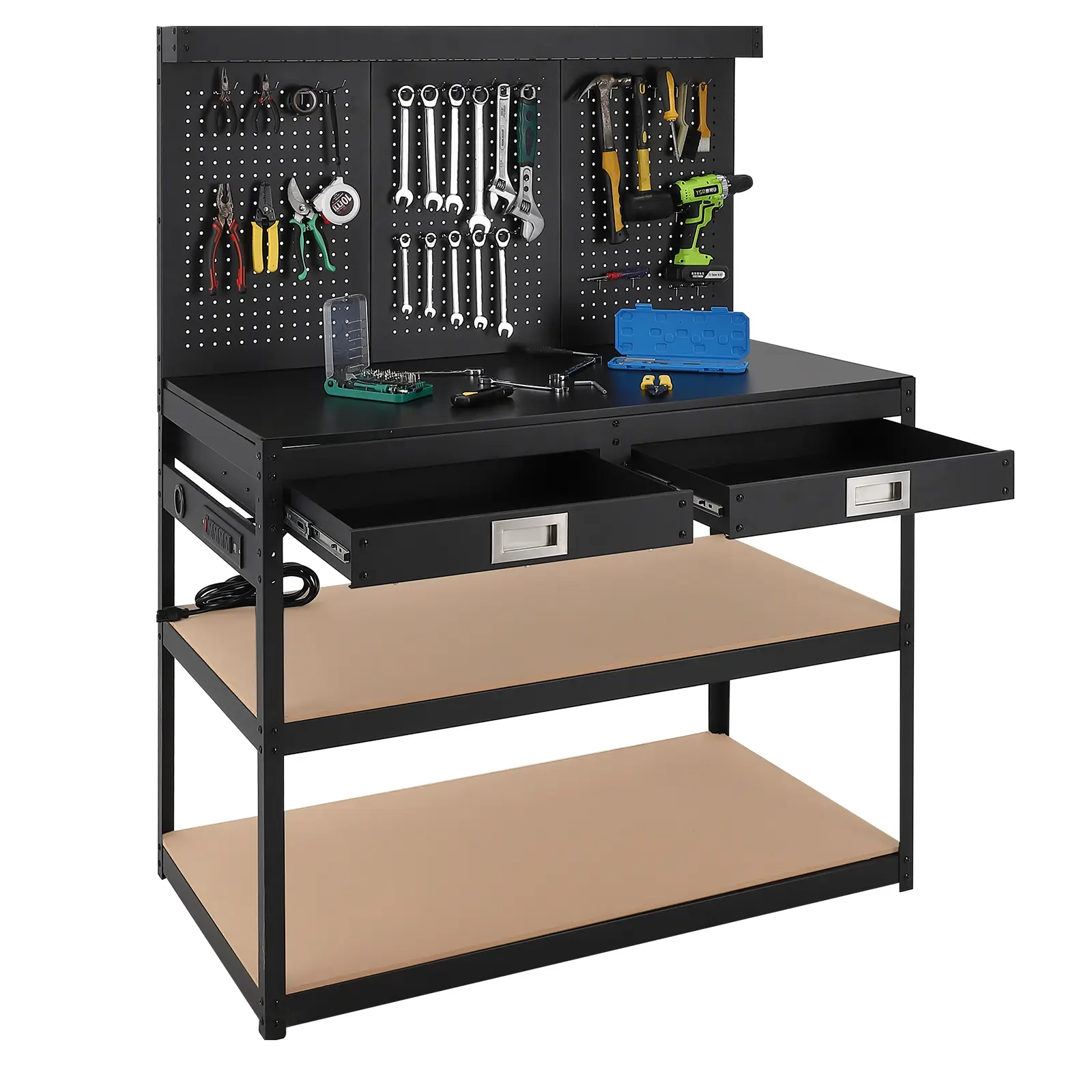 Work Bench, 48 Inch Work Table with 2 Drawers, Metal Tool Bench With Power Outlets And Pegboard, Heavy Duty 3-Tier Workbench For Garage, Workshop, Auto Shop, Basement, Black
