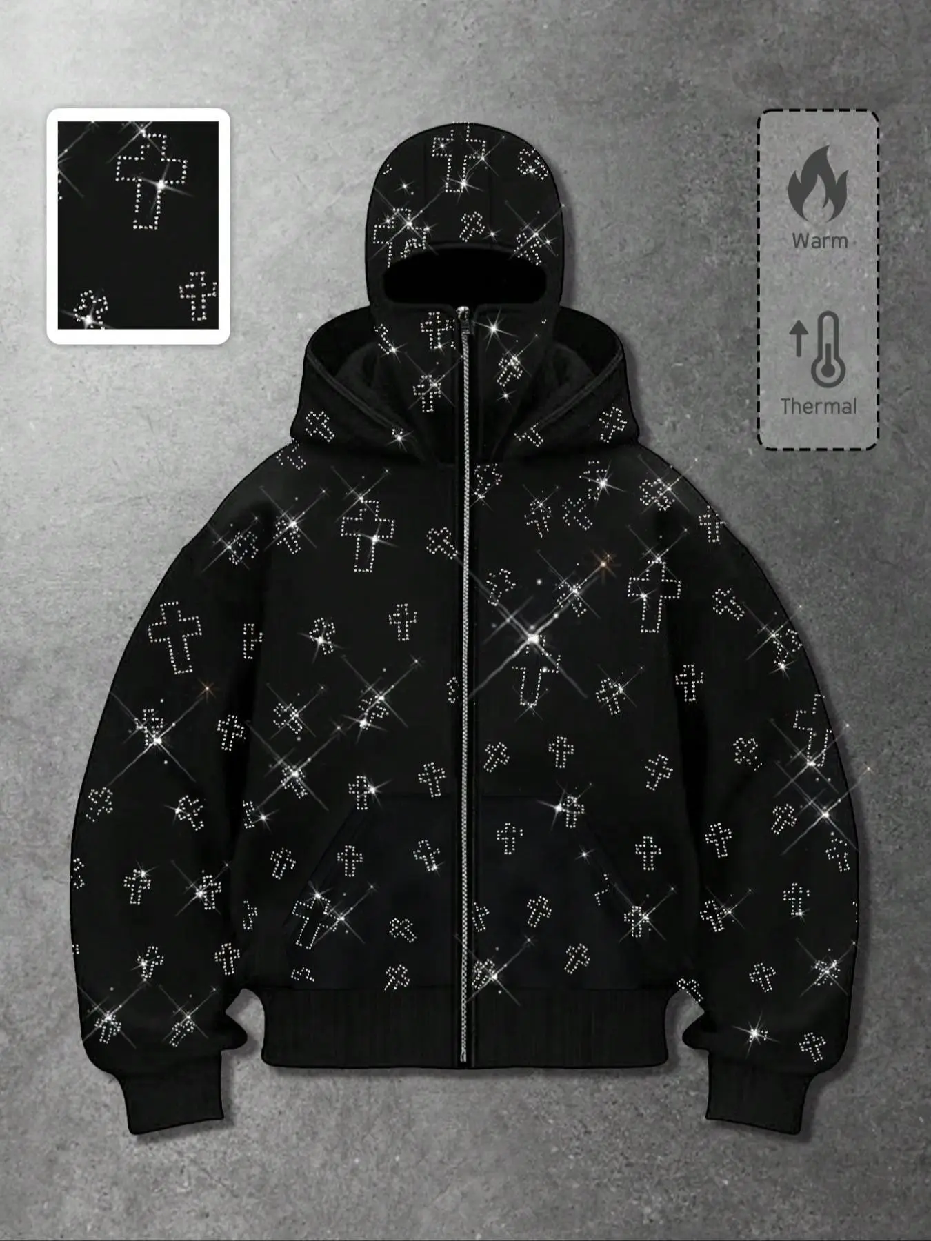 Y2K Dark Street Rhinestone Cross Hooded Sweatshirt, Casual Fashion Sweatshirt, Black Rhinestone Fleece Lined Men's Sweatshirt, Unisex Style, Loose Zip-Up Cardigan, Autumn and Winter Street Casual Jacket, Streetwear, Glitter Hoodie