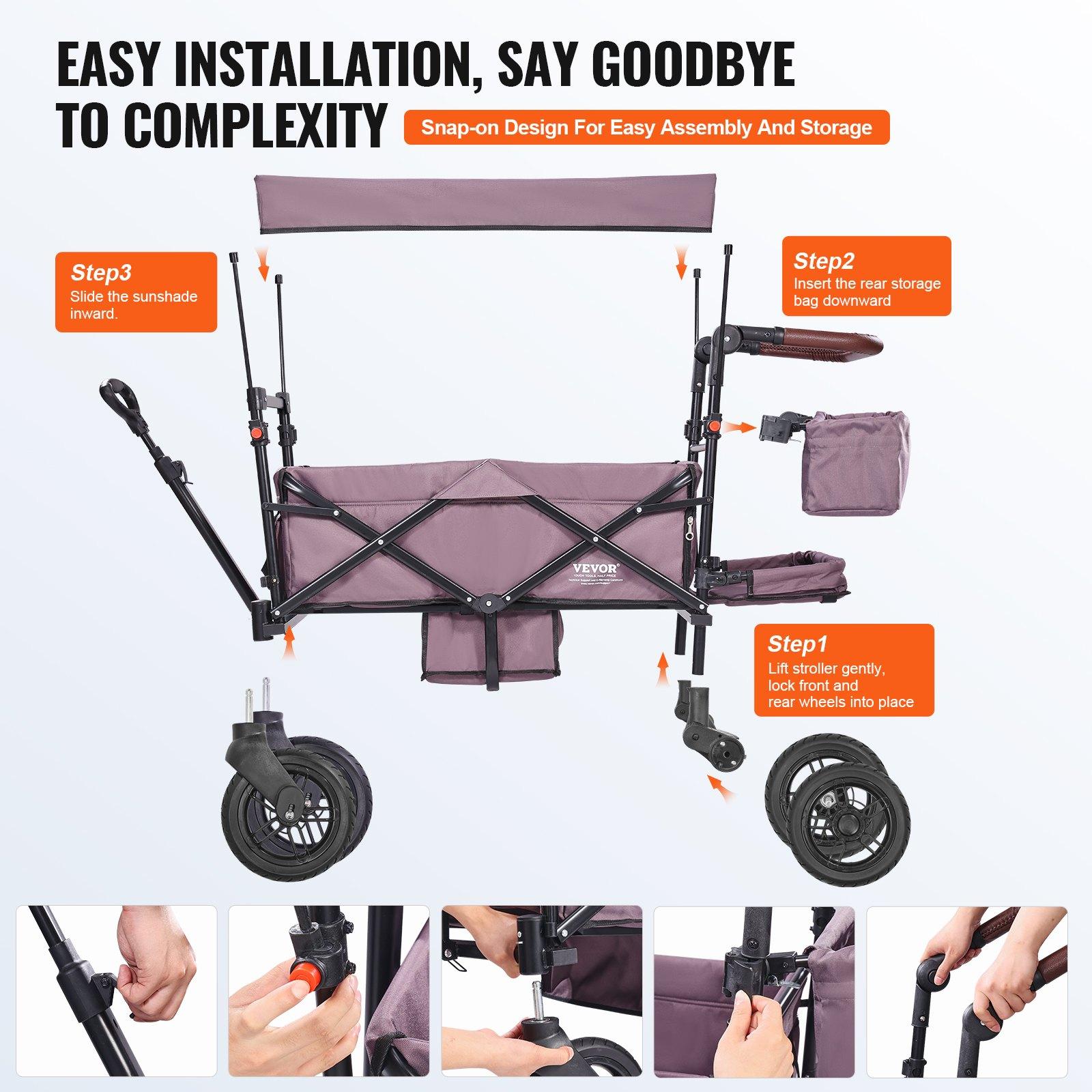 VEVOR Wagon Stroller for 2 Kids, Push Pull Quad Collapsible Stroller with Adjustable Handle, Encircling Harness Removable Canopy,4 Wheels w/ Brakes,Mutifunction Tandem Stroller for Camping Dark PurpleSummervibes