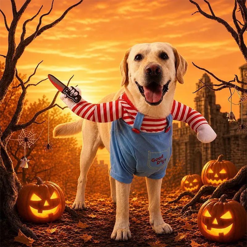 Funny Pet Halloween Costume with Props, Striped Overalls, Medium Small Dogs Cats, Party Photo, Comfortable Fit, Puppy Costume