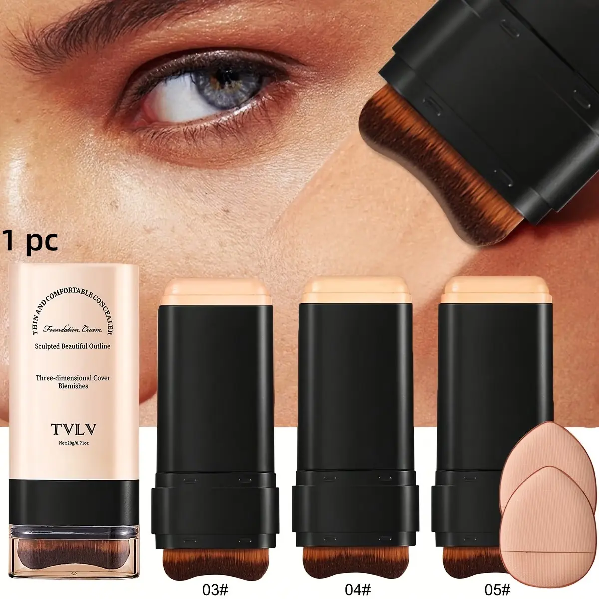 Double-ended concealer foundation stick with a matte and natural makeup effect, water- and sweat-resistant, long-lasting without caking. Comes with a built brush and includes 2 extra puffs, covers dark circles, portable multifunctional foundation