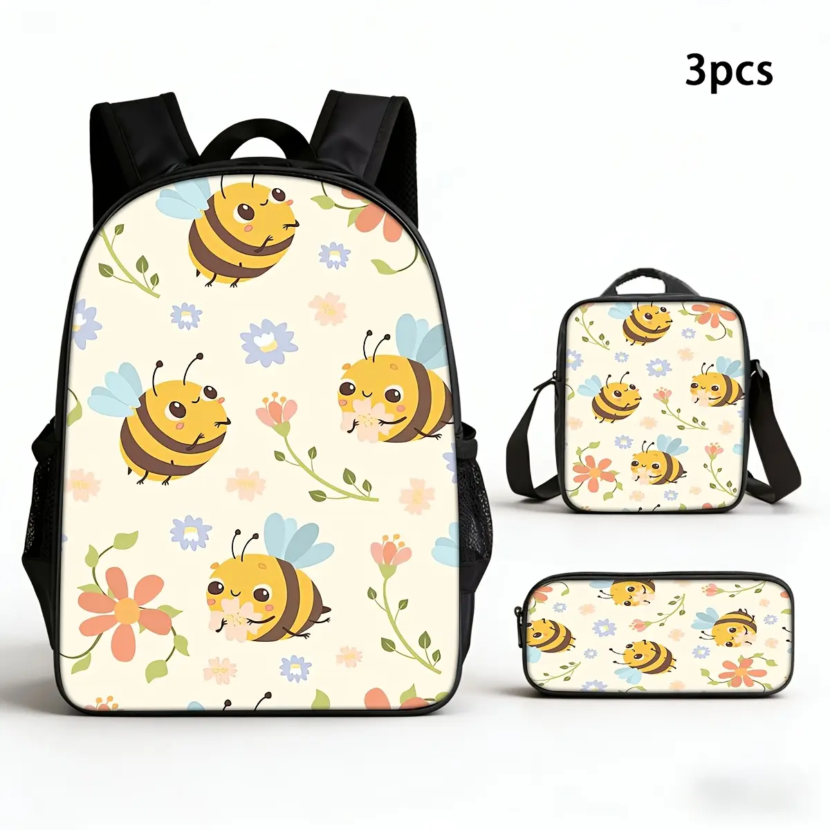 3-Piece Bee Print Backpack Set, Lightweight Book Bag with Matching Crossbody & Pencil Case for School, Commuting & Daily Outings, 4-In-1 Design Backpacks, Bag Set Backpacks