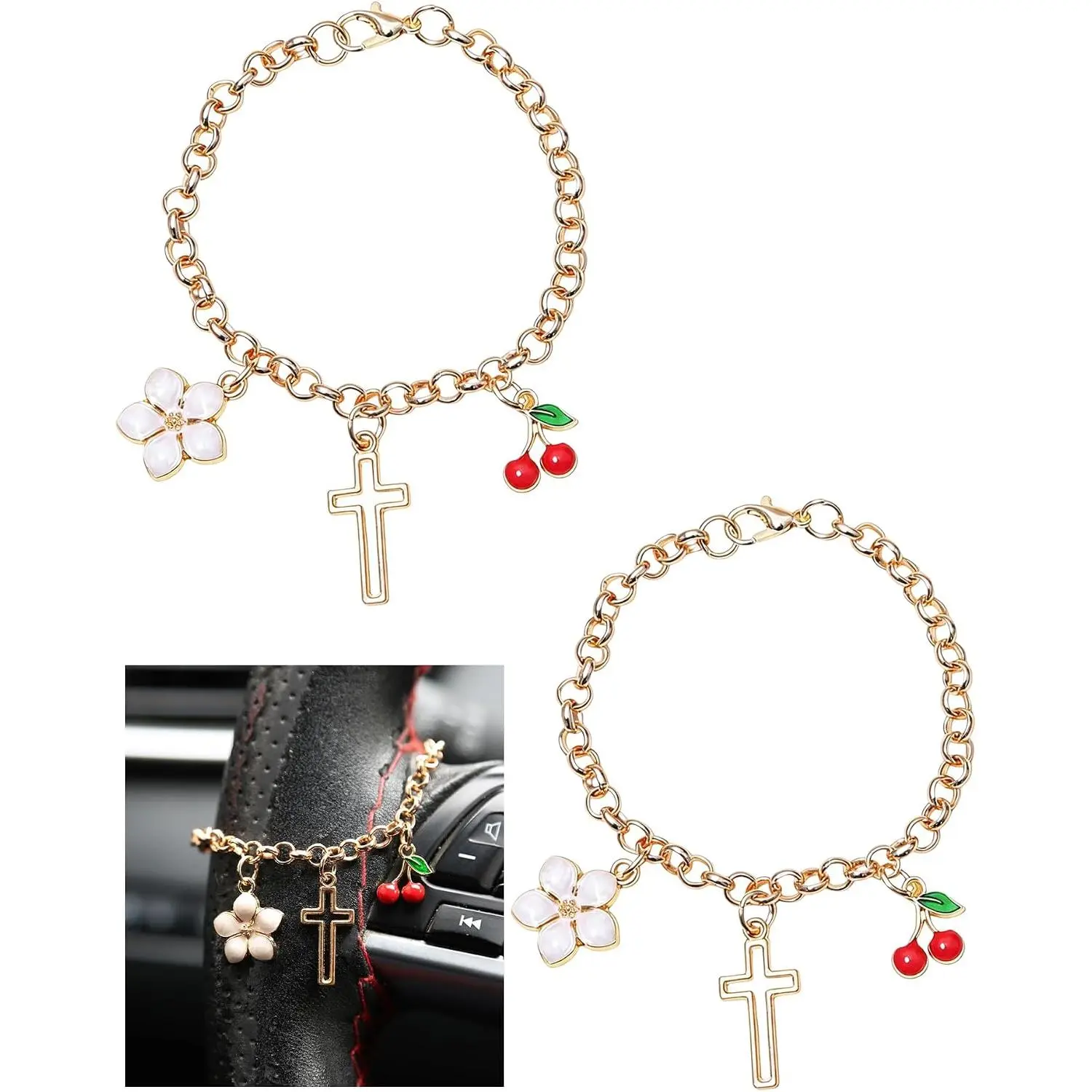 Women's Cherry & Flower Steering Wheel Chain Charm, 2-Piece Set Automotive Interior Decoration with Floral Pendants, Two Piece Sets
