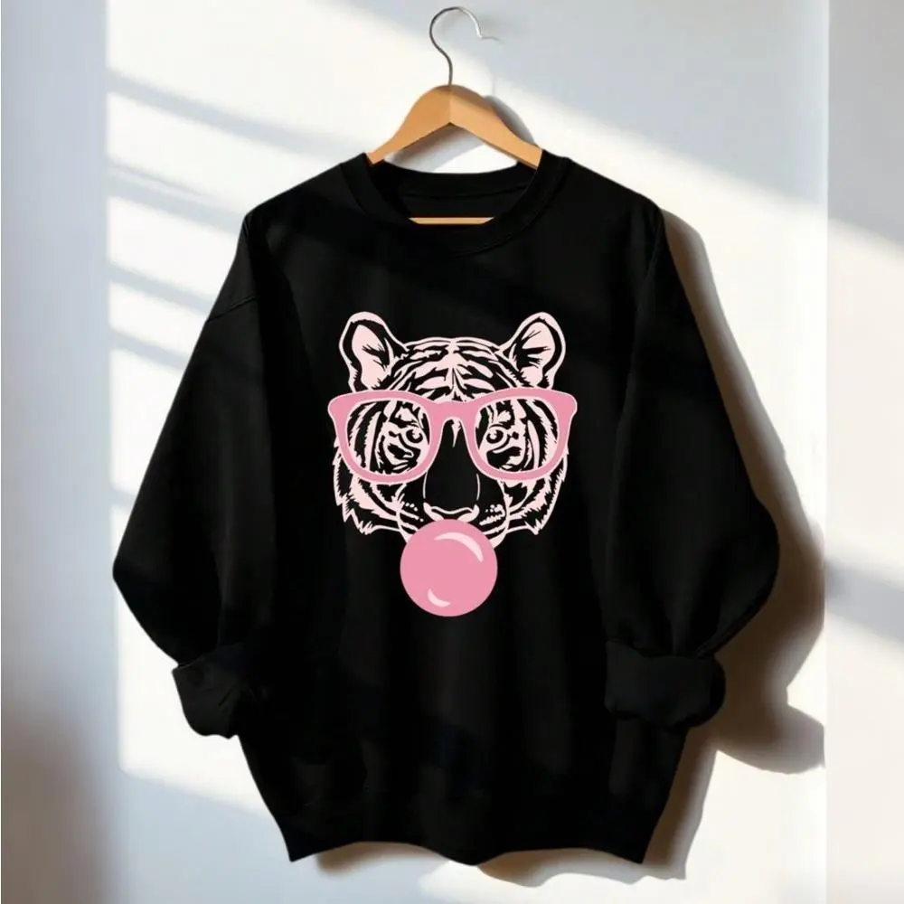 Women's Tiger Graphic Sweatshirt, Cute Casual Long Sleeve Crewneck Shirt with Drop Shoulders, Fall Streetwear Hoodie Tops, Casual Fashion Sweatshirt