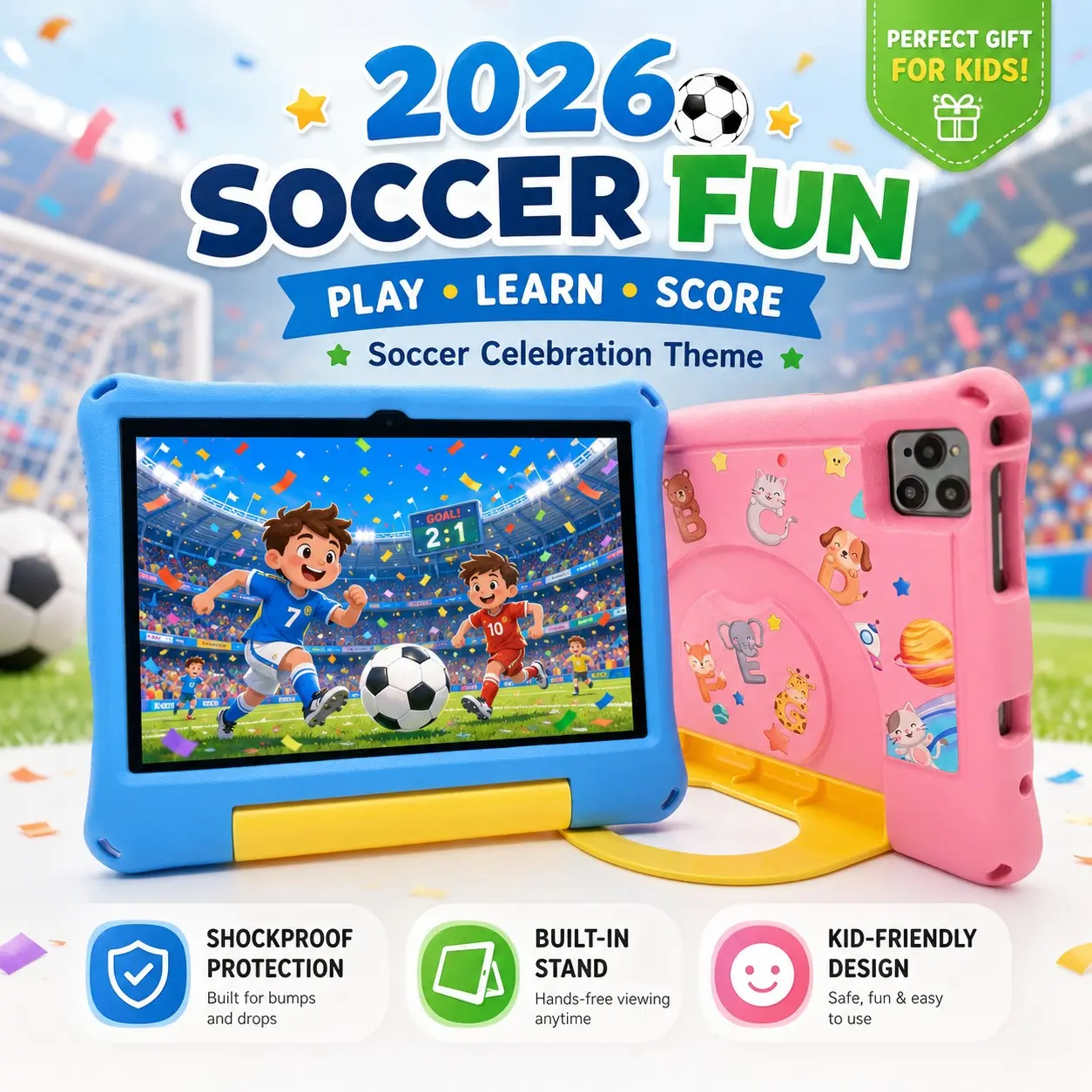 10.1 Inch Touchscreen Android Tablet for Kids Ages 3-12, Quad-Core Processor, Type-C Cable, Lithium Battery, Educational Apps, Holiday Gift