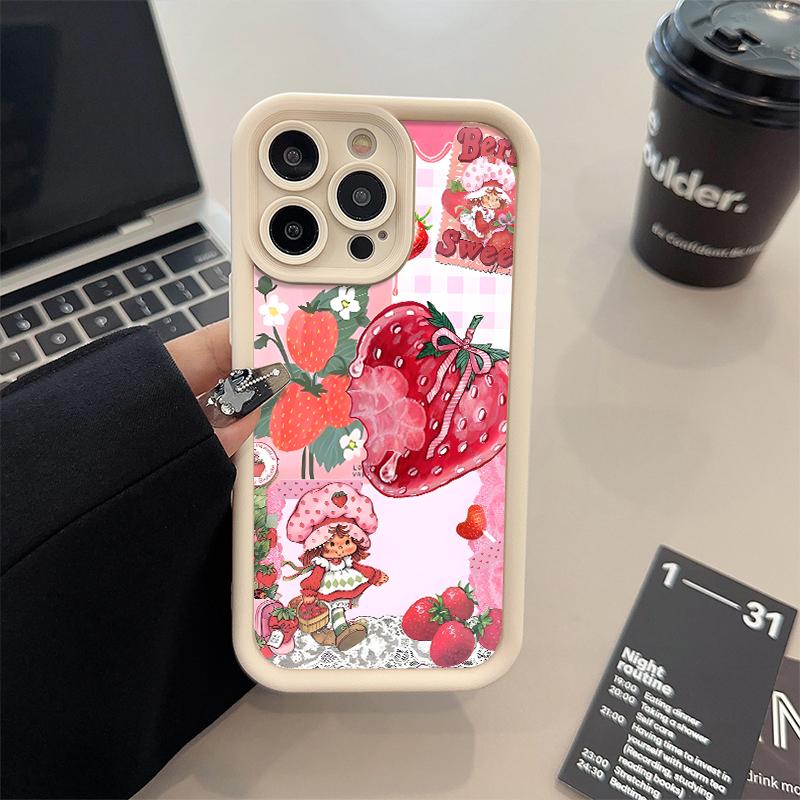 Strawberry Shortcake Pattern Phone Case, Soft Silicone, Fully Protected and Shockproof For iPhone 17 16 15 Pro Max 14 13 12 11 X Plus Air Pink Girl Mini