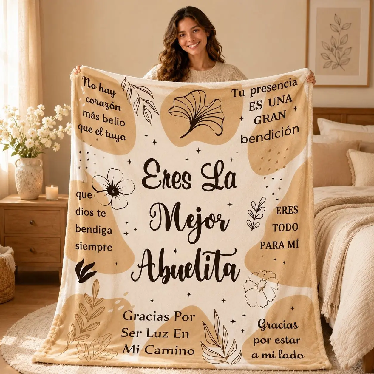 1pc Spanish Grandma Blessing Flannel Blanket, Abuelita Quote Floral Throw, Soft Warm Beige Botanical Blanket for Sofa Bed Office Travel, Mother’s Day Grandparents Day Gift