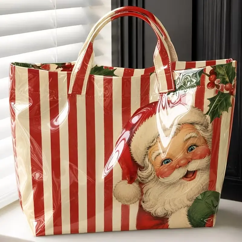 1-Pc Glossy Top-Handle Tote Bag - Vintage American Red & White Vertical Stripes with Santa, Holly & Berry Print | Reusable Large Capacity Shoulder Bag for Commuting Women, Christmas Party & Holiday Gift | Durable, Random Christmas Print