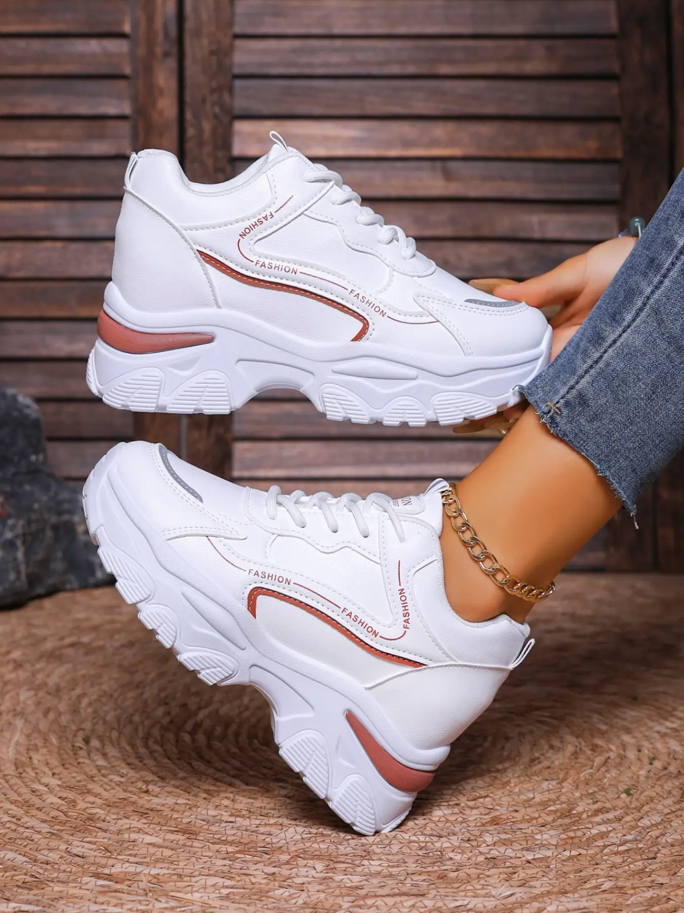 Women's Edge Invisible Heel Dad Shoes, Waterproof PU Leather, Round Toe Laces, Anti-Slip Sole, All Season Casual Footwear