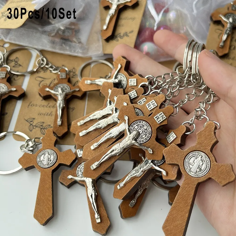30Pcs/10Sets, Handmade Wooden Crucifix Keychain, Wooden Cross Keychain Gift Sets, Party Favor Bags, Ideal For Home Decor At Christmas & Thanksgiving, Baptism, Wedding Souvenirs, Religious Event Keepsakes, Holiday Gifts
