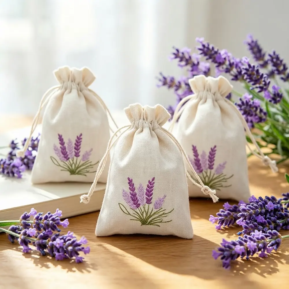 3Pcs Lavender Embroidered Linen-Look Scent Bags, Empty Sachet Bags for Dried Flowers, Drawstring Pouch for Wardrobe Odor Removal, Empty Gift Bags for Wedding Favors, Small Storage Pouch for Travel, Fragrance Pouch for Bedroom Bedside, Home Fragrance