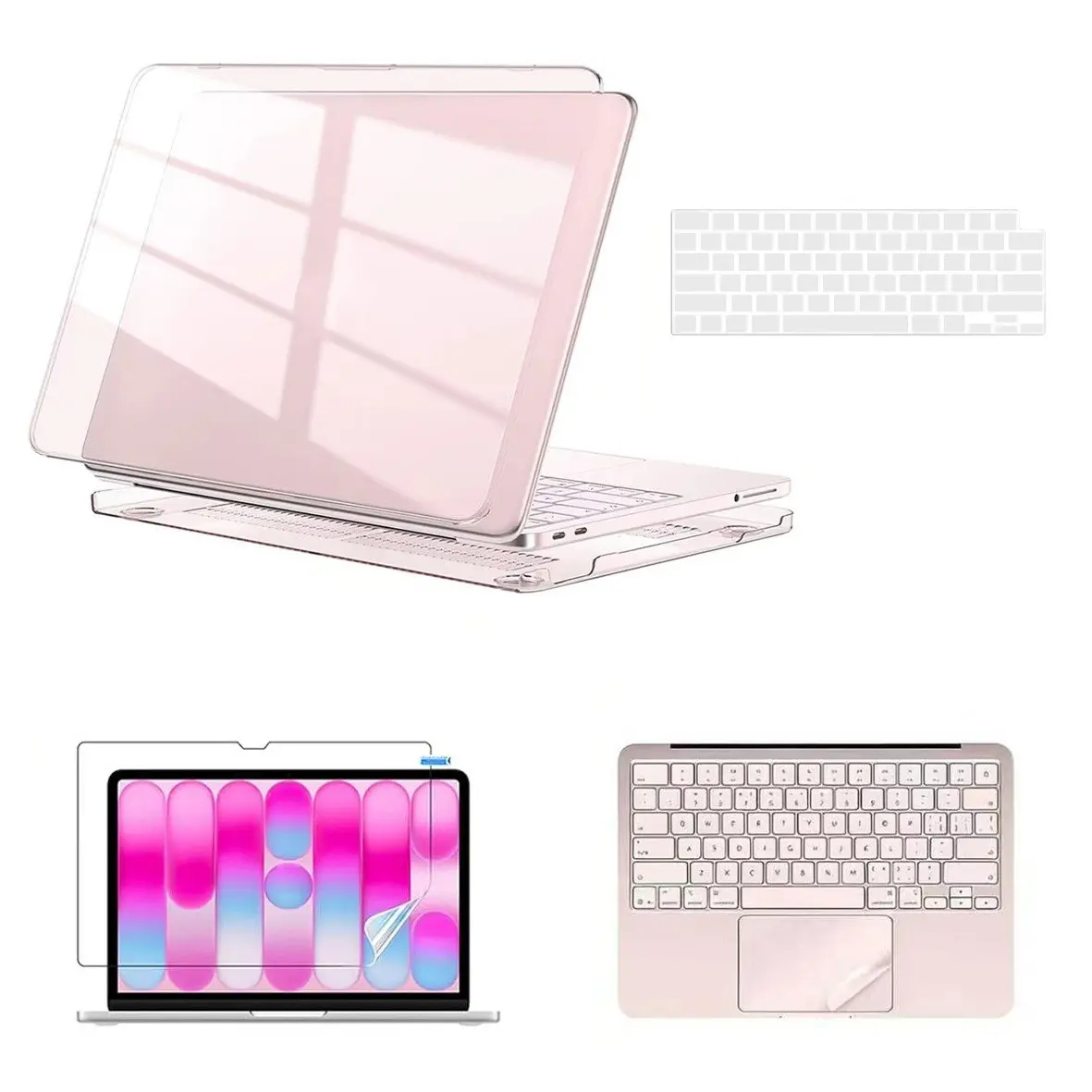 Aesthetic Pink 4-in-1 MacBook Air 13 Inch Protective Bundle, Clear Hard Shell with Keyboard Film Screen Protector & Trackpad Skin for School Work Daily Use MacBook Accessories