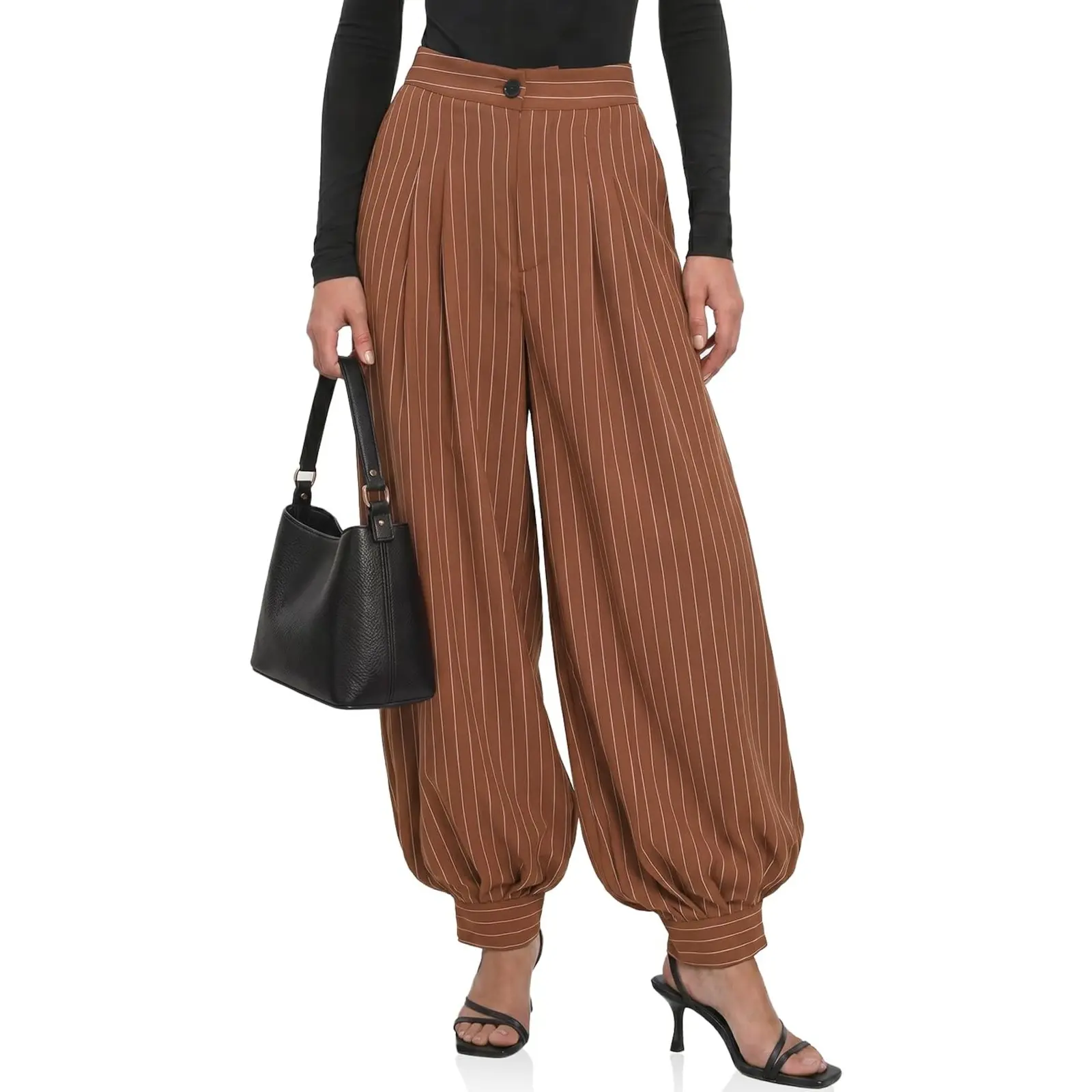 Cicy Bell Women's Striped Dress Pants Balloon Pleated Wide Leg Trousers | Business Casual, Loose Fit, Side Pockets, Work Office, Harem Trousers, High Waisted