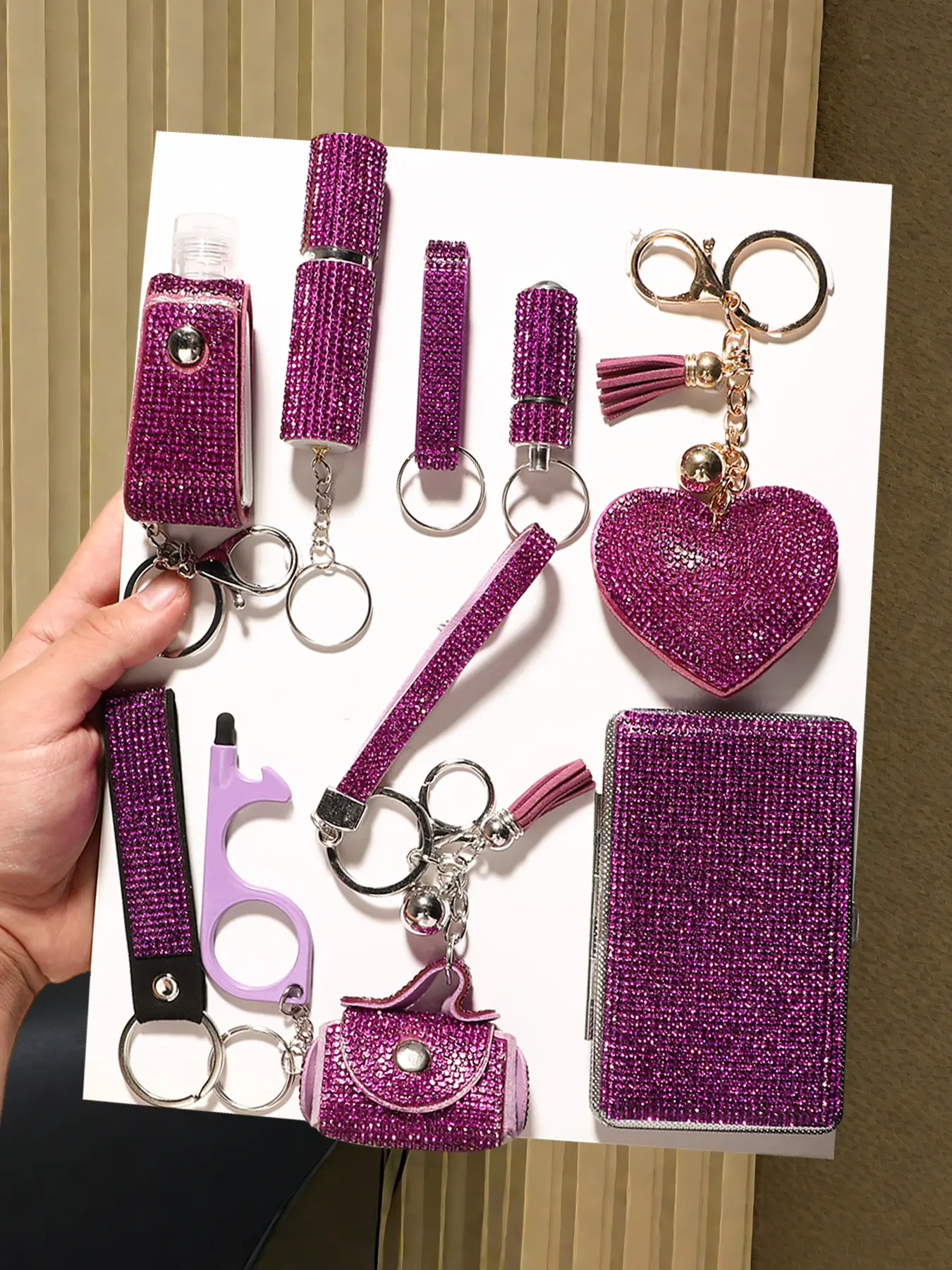 9pcs shiny purple full diamond keychain accessories suit, keychain set, key ring, ornaments all available, add a full sense of high-level for your key