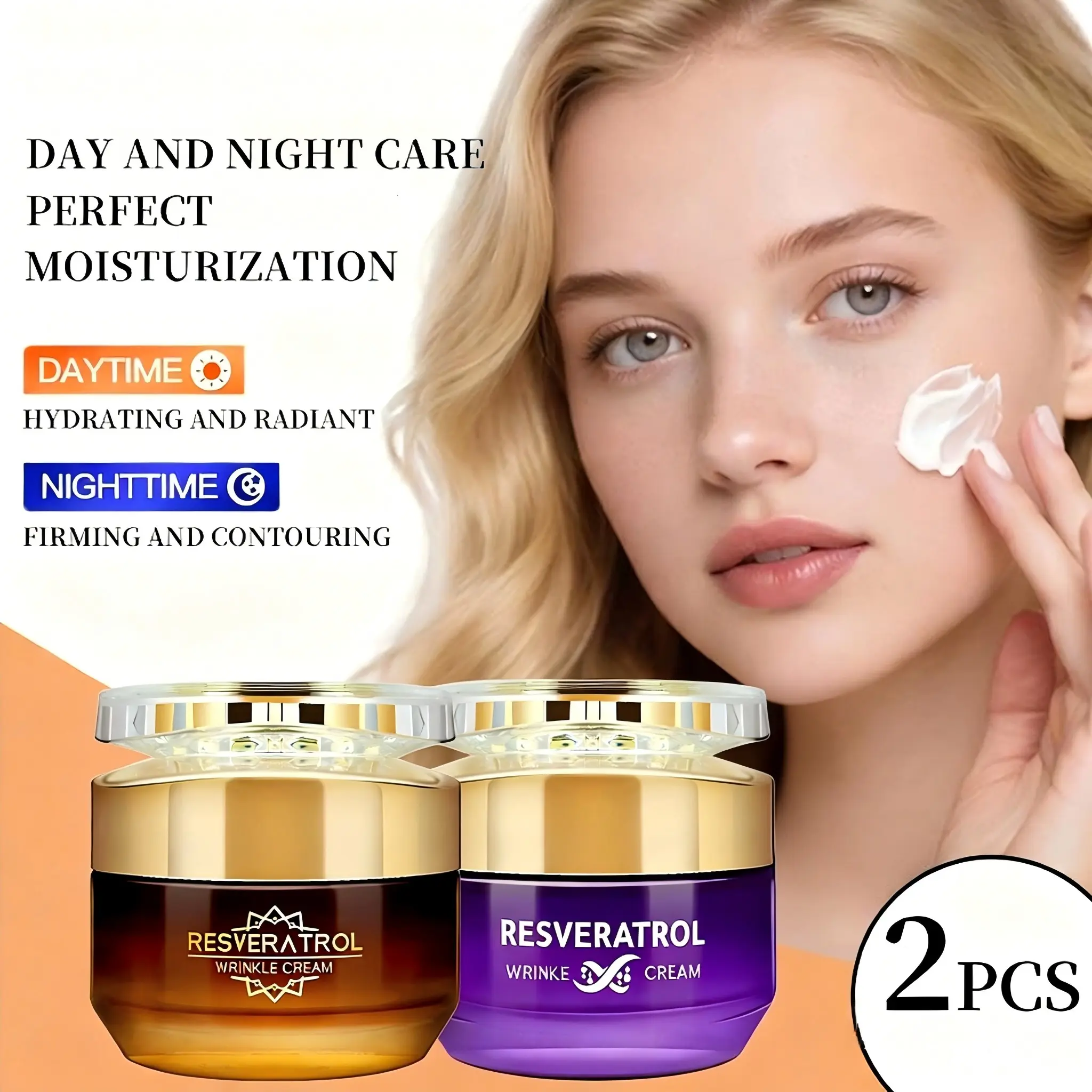 2-Piece Resveratrol Face Cream Set, Anti Aging Moisturizing Hydrating Hydrate Night & Day Moisture Moisturizer, Contains Niacinamide, Ceramides, Ha, Collagen, Aloe Vera