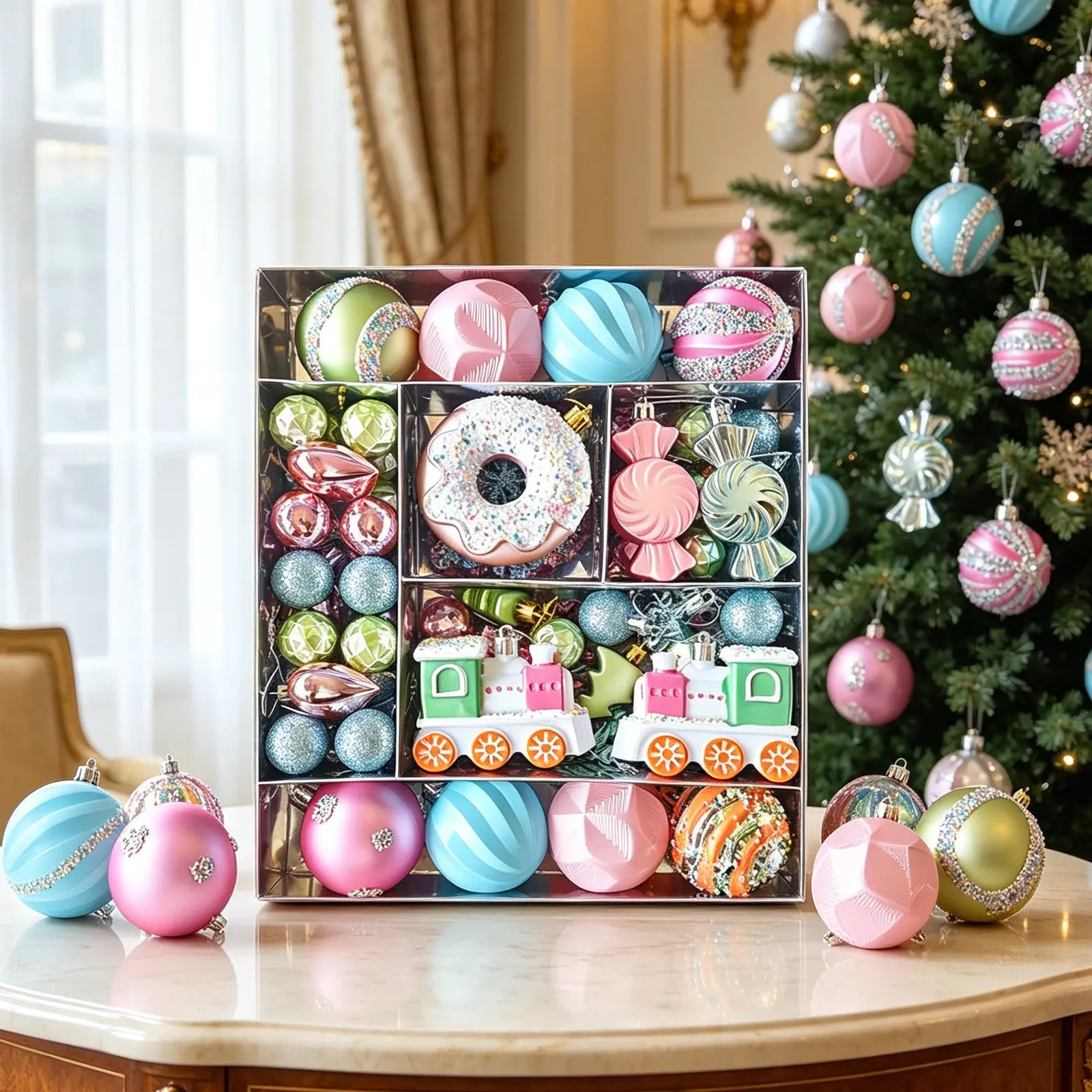 Friday Special Offer, 82-Piece Painted Christmas Ball Set, Doughnut Lucky Charm, Shiny Plastic, Retro Style, Indoor Holiday Decor