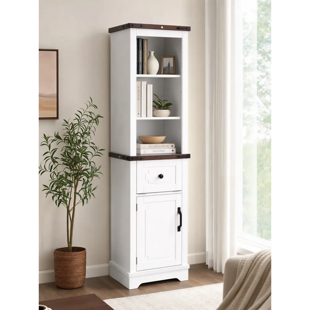 Farmhouse Tall Bathroom Storage Cabinet, Narrow Linen Tower with Adjustable Shelves & Drawer, Freestanding Slim Storage Cabinet Organizer for Bathroom, Living Room, Bedroom, Kitchen, Space Saving Vertical Cabinet with Grey & White Finish