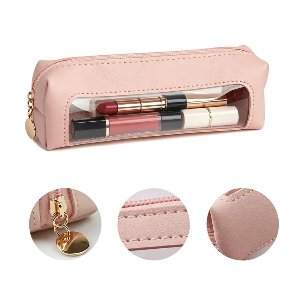 Visible Window Makeup Bag, Makeup Organizer Pouches, soft PU leather lipstick storage pouch with smooth metal zippers, mini cosmetic organizer case for lipsticks, lip glosses and makeup brushes