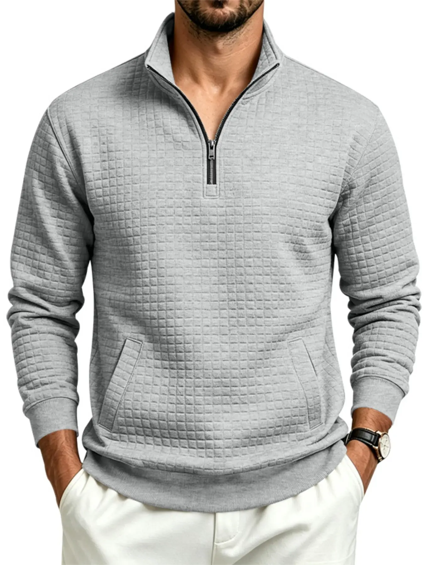 Men's Waffle Grid Textured Quarter Zip Sweatshirt, Stand Collar Long Sleeve Pullover with Side Pockets, Soft Loose Fit Casual Business Dressy Top for Fall Winter Daily Wear Multiple Colors, Casual Fashion Sweatshirt