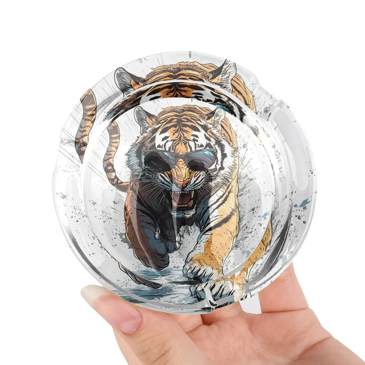 1 round glass ashtray with anti slip bottom pad, decorated with cool tiger pattern wearing fashionable glasses, suitable for households, bars, courtyards - trendy ashtrays for animal lovers and decoration enthusiasts