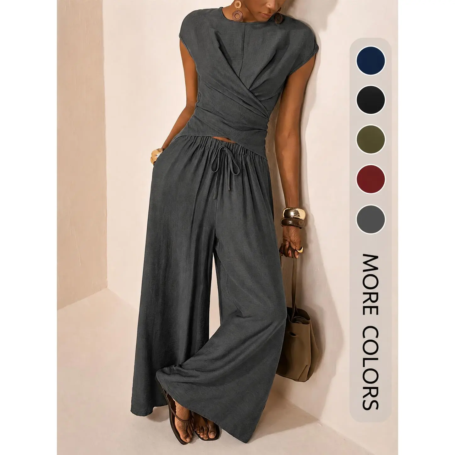 Women's Cross-Wrap Irregular Design Top and High-Waisted Wide-Leg Pants Commuting Solid Color Suit