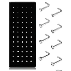 Hypoallergenic 316L Stainless Steel L Shaped Nose Stud Set Clear Cubic Zirconia Inlay Multiple Standard Gauge Sizes For Daily Body Piercing Wear Smooth Rust Resistant Portable Multi Size Body Decorative Jewelry