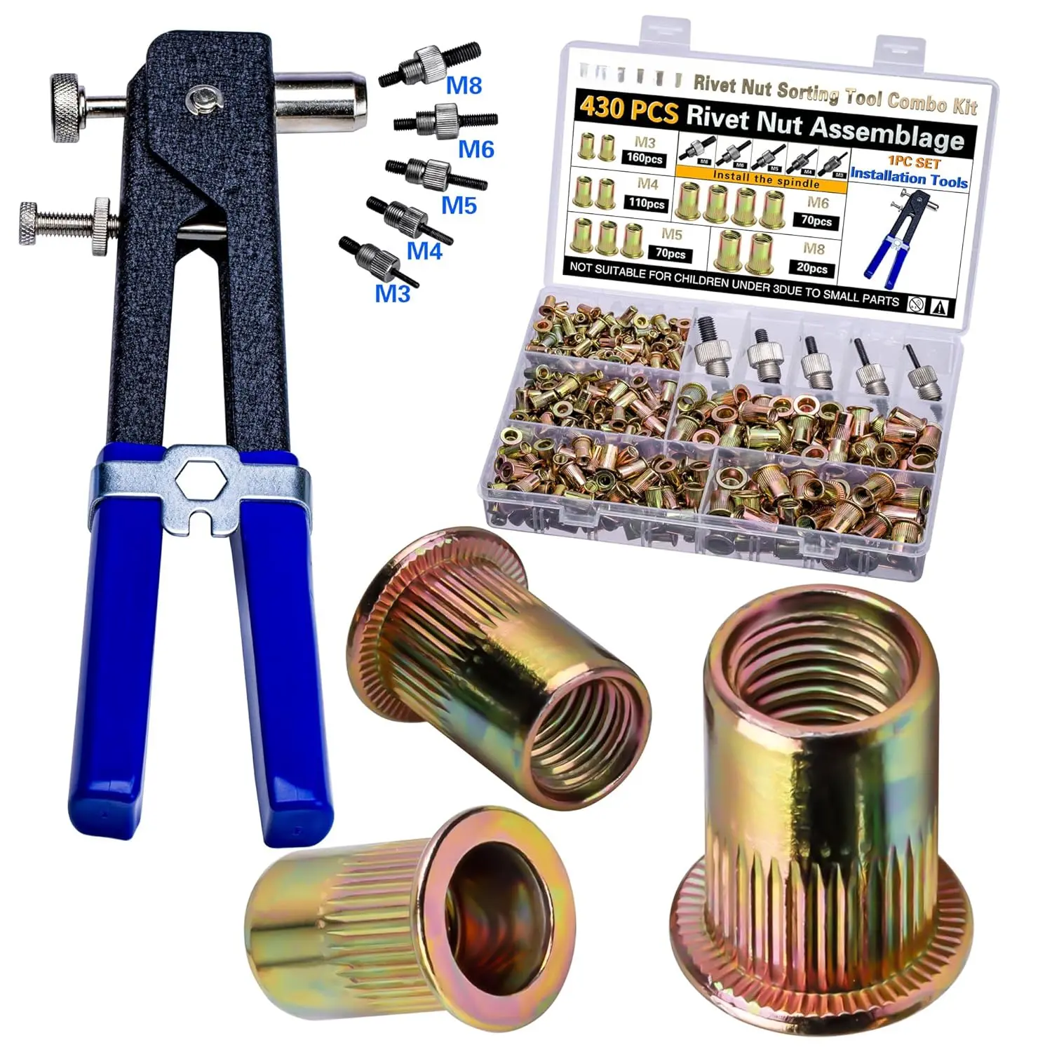 Pressure Rivet Nut Tool Kit, 430Pcs Metric Rivet Nut Combination (M8/M6/M5/M4/M3), Suitable  Furniture, Decoration, Automotive, Marine and Industrial Applications