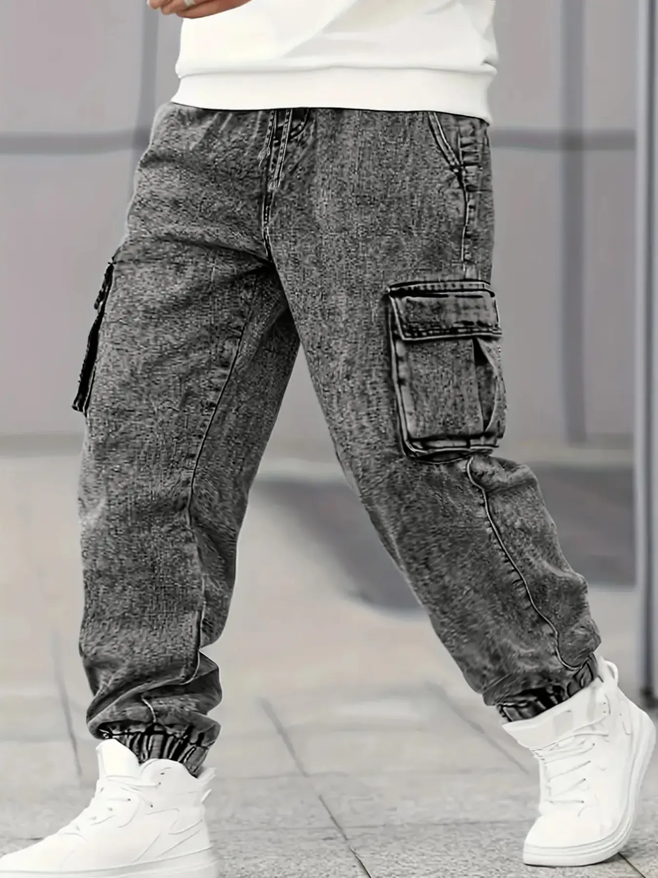 Men's Acid Wash Vintage Washed Loose Jogger Cargo Denim Jeans, Elastic Cuff, Multi Flap Pockets, Drawstring Waist, Casual Hip Hop Streetwear, Fall Winter