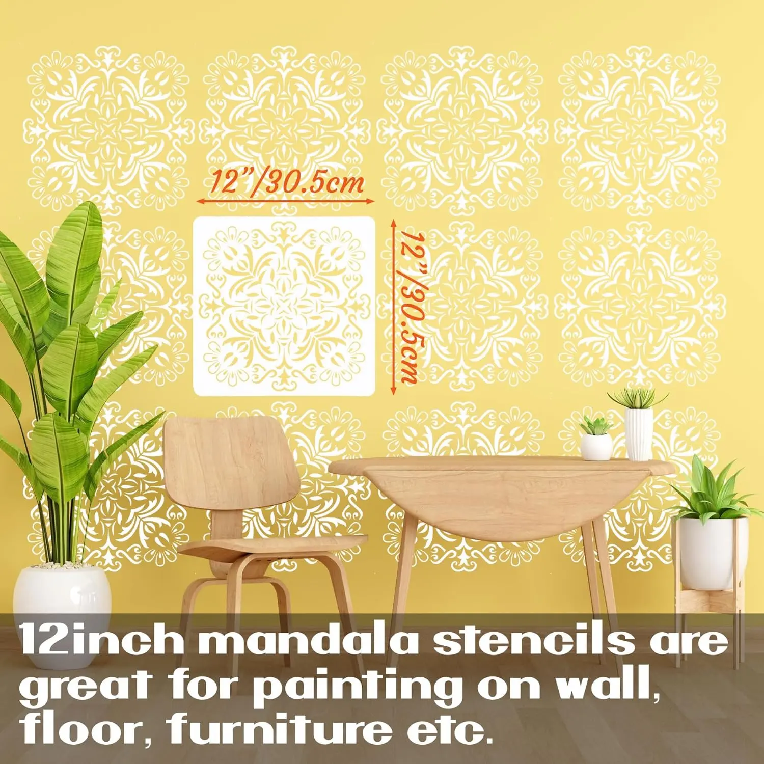 Wall Stencils for Painting Large Pattern, 9Pcs 12 Inch Mandala Stencils for Crafts on Wall Wood Furniture Floor Tile, Plastic Reusable Stencils for Home Decor and Other DIY Projects