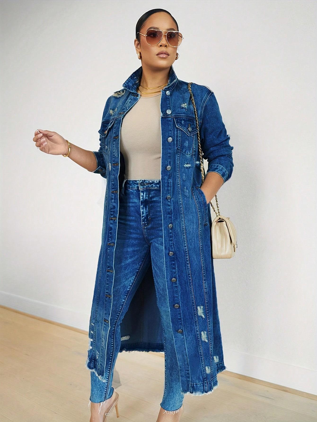 Womens Distressed Ripped Denim Trench Coat Casual Slim Button Down Washed Long Jean Jacket Long Sleeve Solid Color Coat SpringStatements