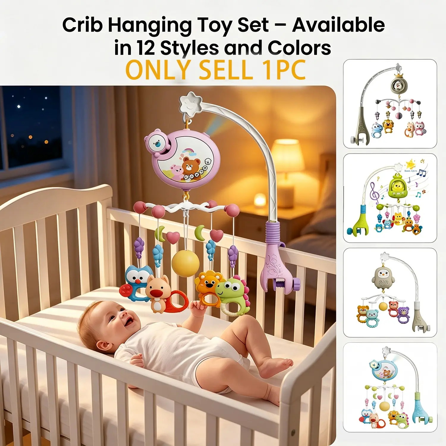 Baby Bed Bell Teether Toy Combo, Cute, Musical Light Up, Music and Light, 45° Anti-Tilting, Projector, Timer, Decorative, for Newborns, Boys, Girls, Toddlers
