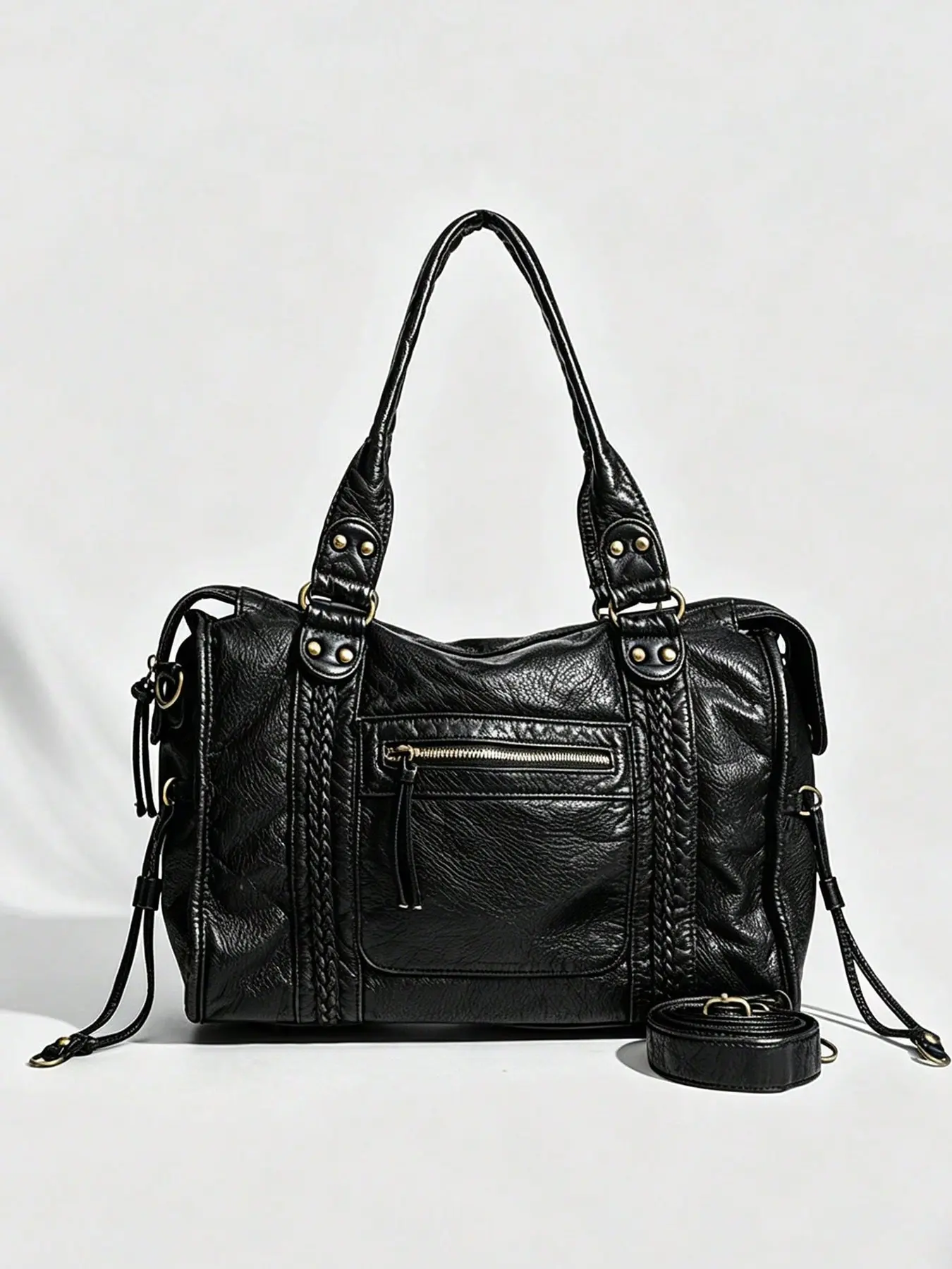 Street punk style elegant and versatile tote bag, fashionable solid color series large capacity practical texture single shoulder handbag, multi zipper pocket design, suitable for commuting to work, outdoor shopping, Everyday Work Bag