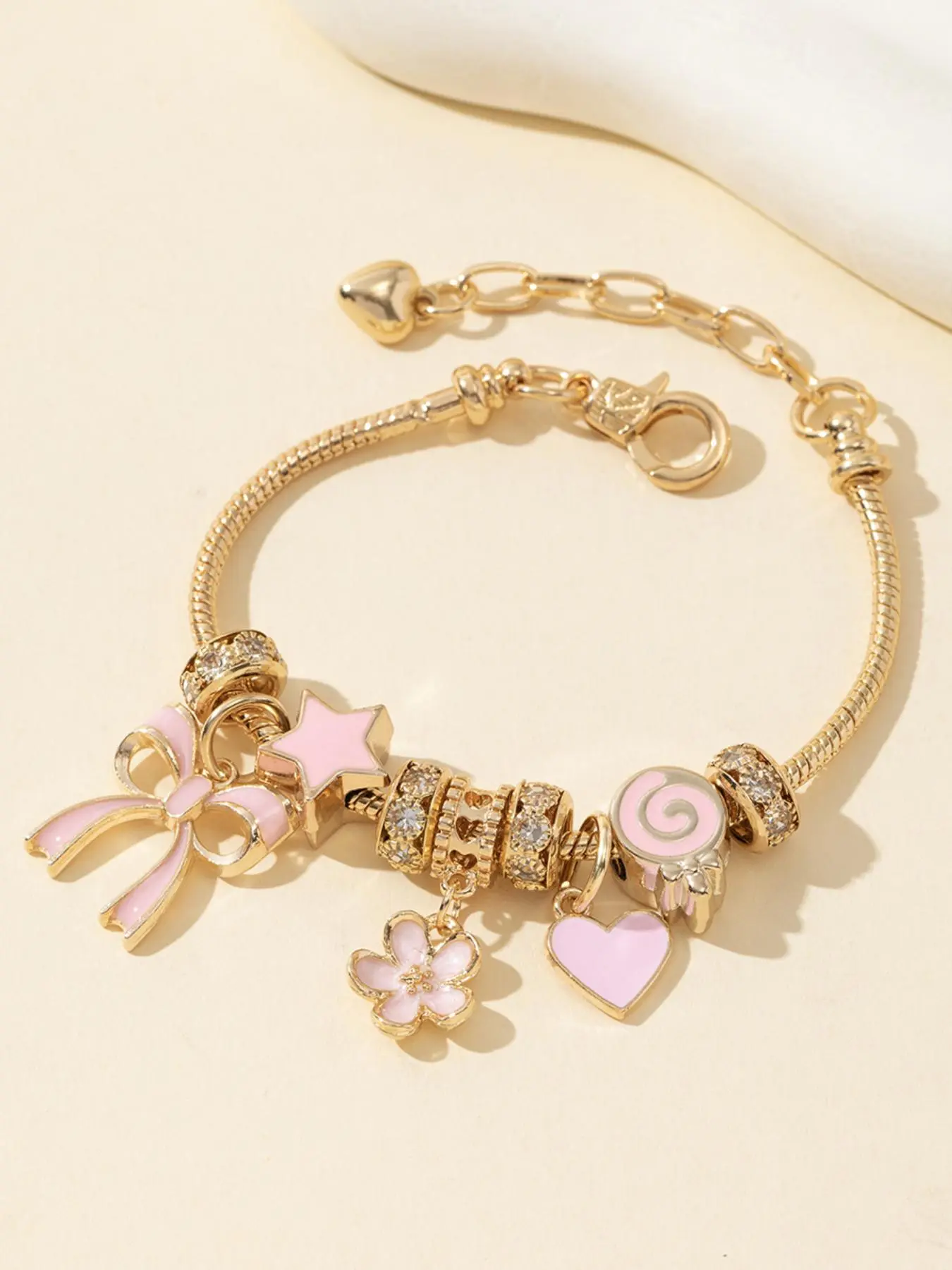 Women's Adjustable Exquisite Rhinestone Butterfly Heart Shaped Lollipop Beads Bracelet, Adjustable Beaded Design Elegant Jewelry for Daily Wear & Party Gifts