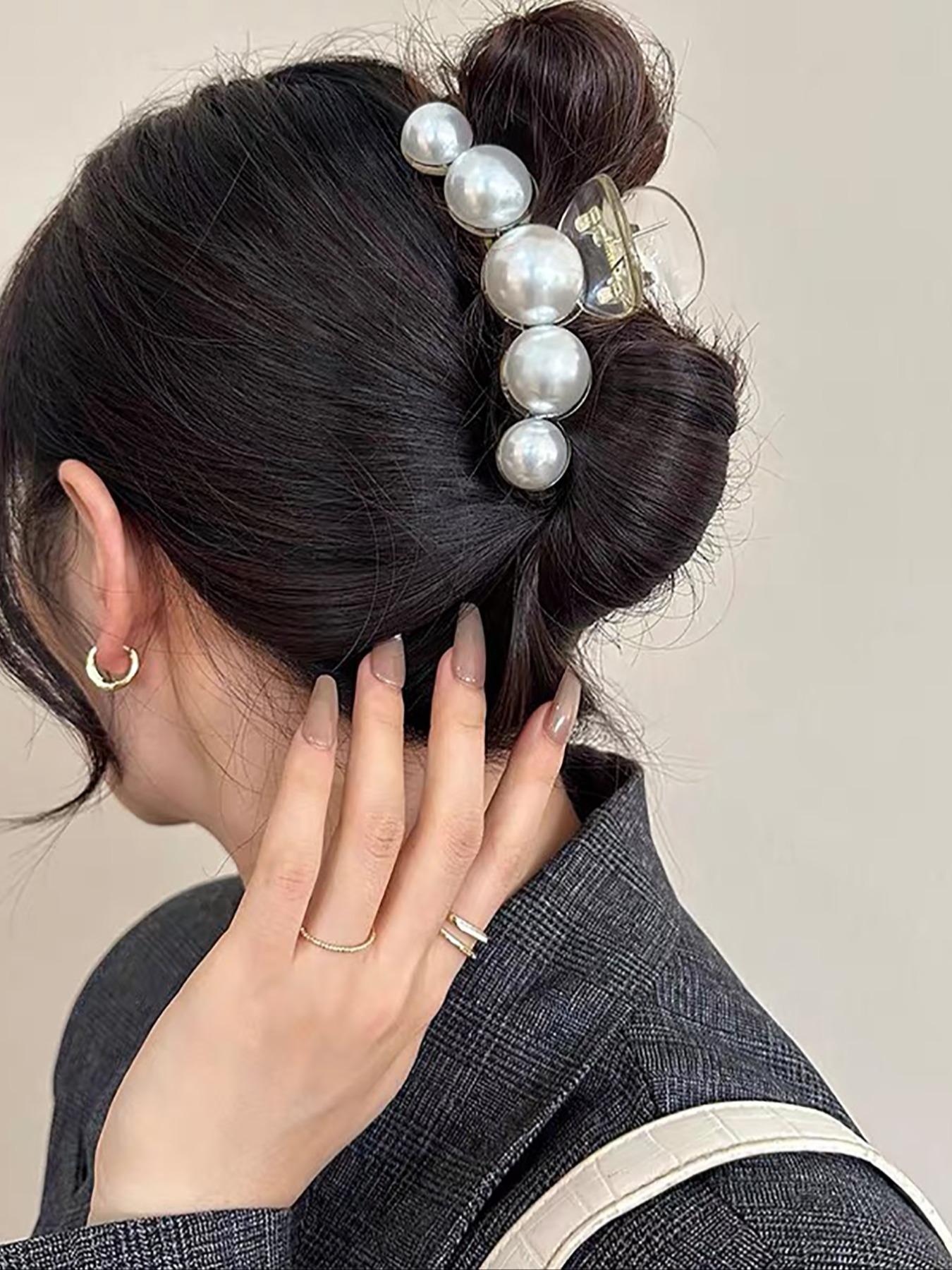 Faux Pearl Decorated White Claw Clip, Minimalist Headwear Suitable for Thick Hair, Fashion Hair Accessories for Party, Daily Clothing Decor, Hair Claws