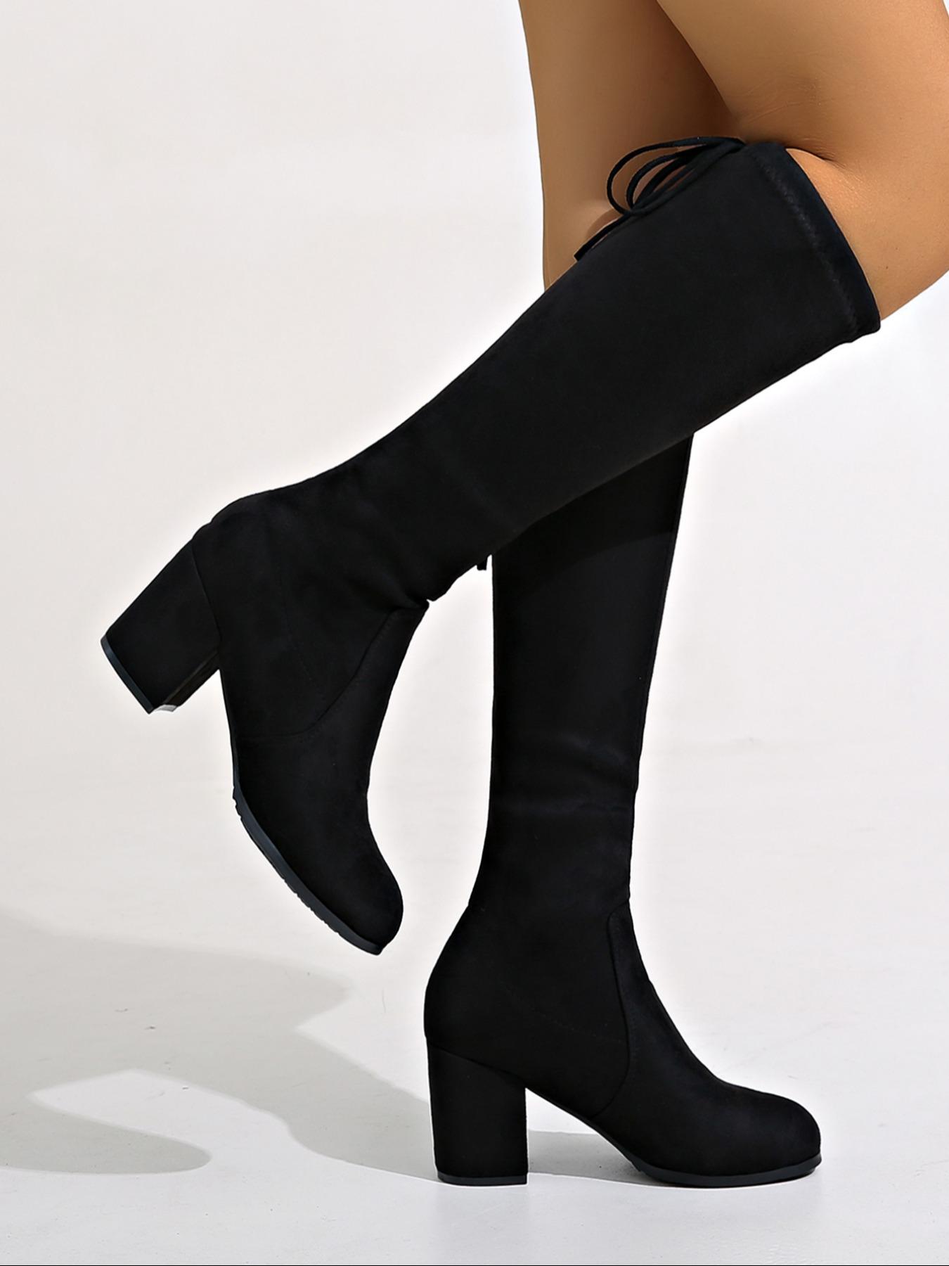 Women's Solid Color Lace Up Back Knee Boots, Fashionable Pointed Toe Boots for Fall & Winter, Female All-match Trendy Shoes for Daily Wear, Valentine's Day Gifts