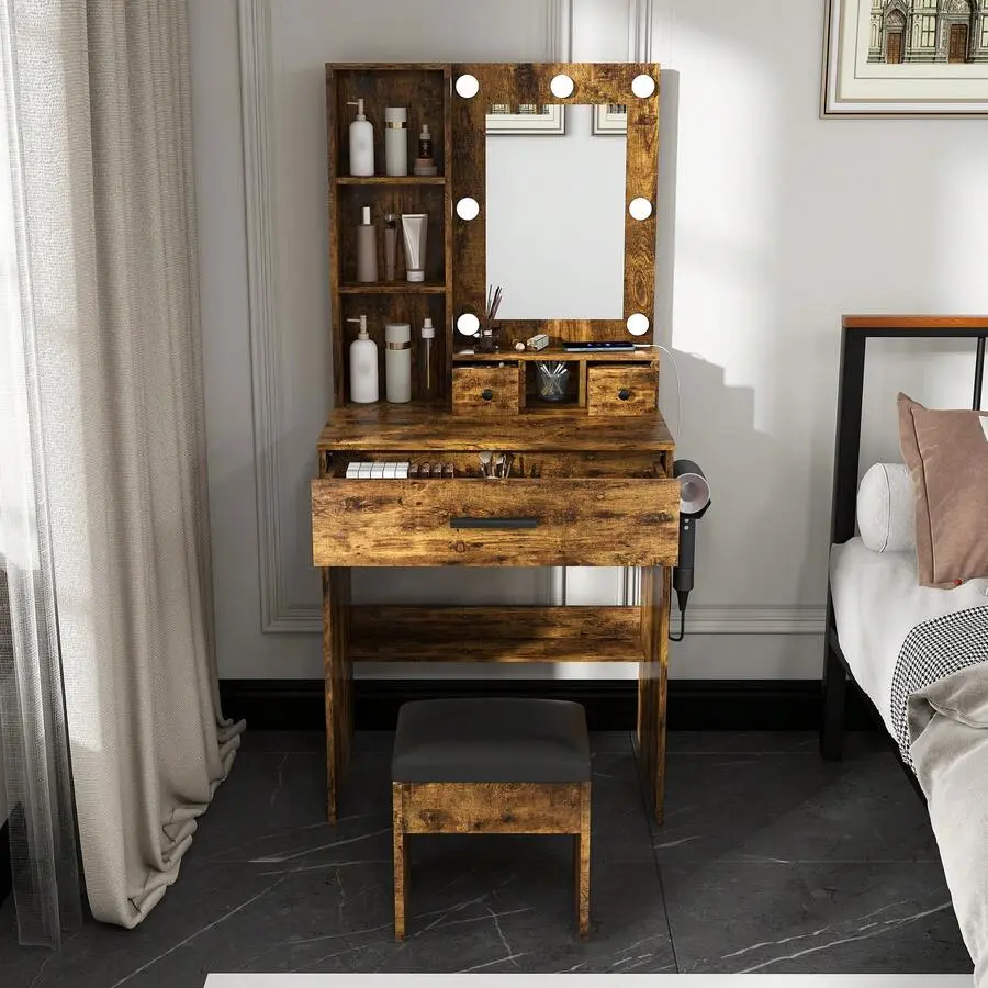 Vintage Vanity Desk with Light Up Mirror, Adjustable LED Lights, Power Outlet, Hairdryer Holder & Stool - Compact Makeup Vanity for Small Bedrooms, Light Up Makeup Vanities