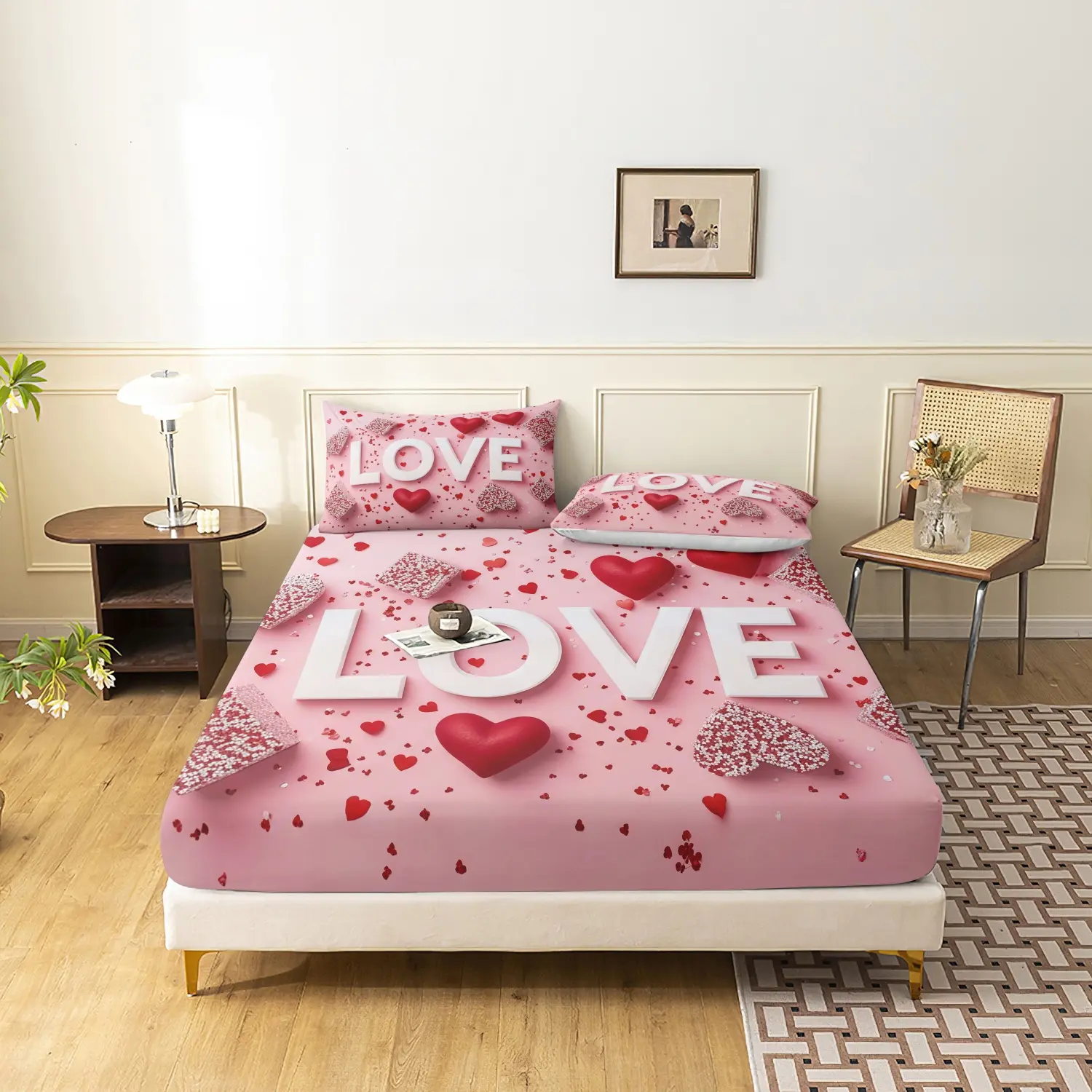3Pcs Romantic Love Heart Fitted Sheet Set, Pink LOVE Word Red Heart Printed Bedding, Soft Microfiber Valentine Couple Bedding For Bedroom Home Decoration, Multiple Sizes Available (1 Fitted Sheet + 2 Pillowcases, No Pillow)