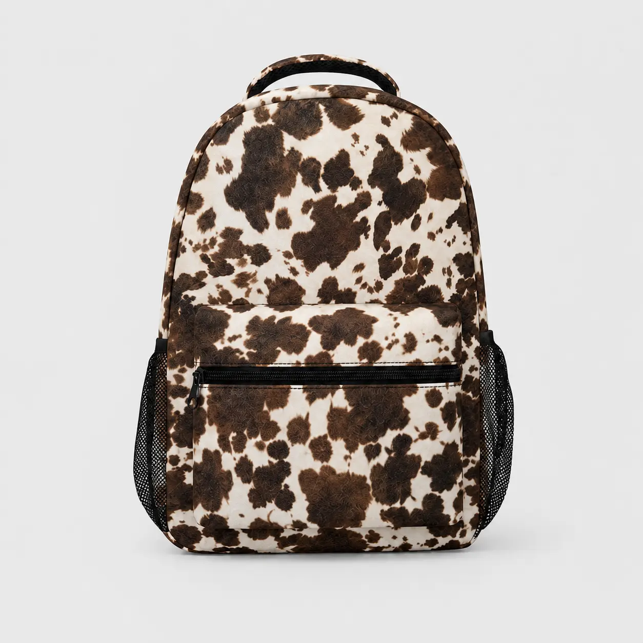Polyester Brown & Cream Cow Print Backpack - Western Animal Pattern Daypack with Front Zipper Pocket, 2 Mesh Pockets, Top Handle, Adjustable Shoulder Straps - for School, Daily Use, Backpacks For School, School Backpacks