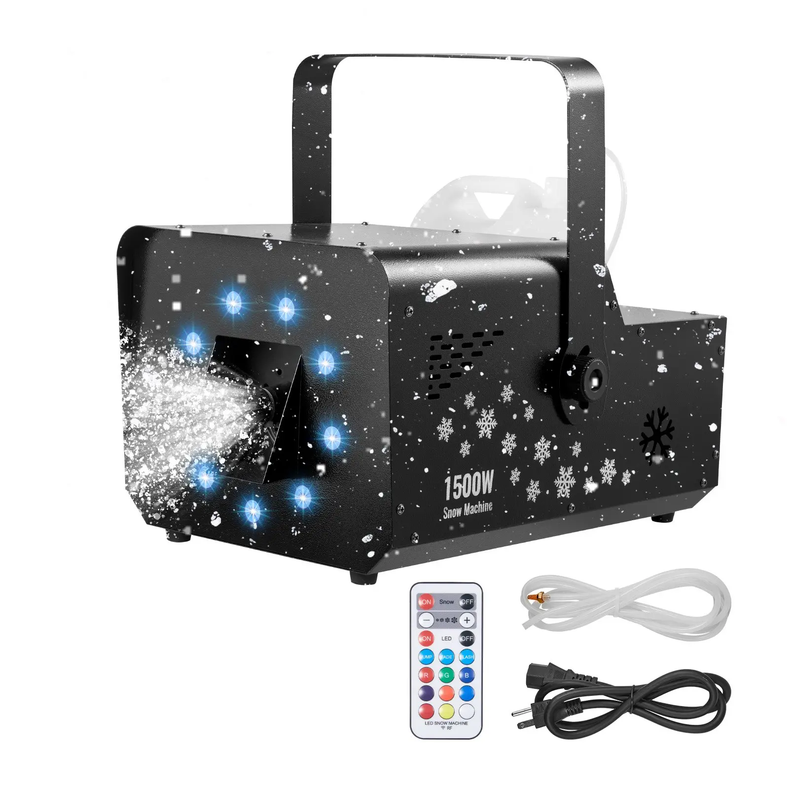 VEVOR 1500W Steel Snow Machine, RGB DMX512 Signal Control, 9 LED Lights, Wireless Remote, 5L Tank, 16.47 lbs, 18.50x14.17x16.54 in, Portable High-Output Snow Maker for Christmas Parties, Weddings, DJ Stage Effects
