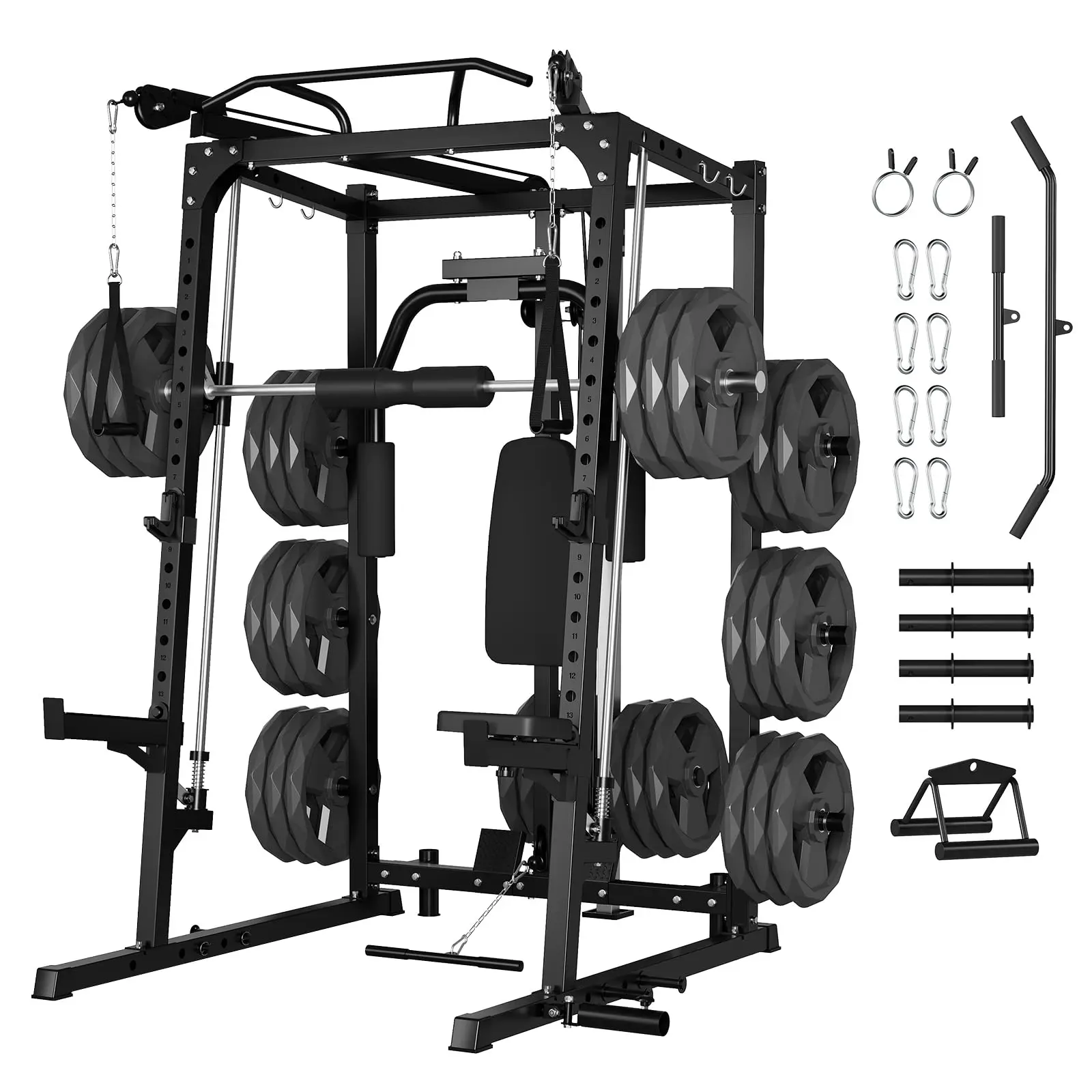All-in-One Smith Machine Gym System with Power Rack & Cable Crossover, 2000LBS Heavy Duty Squat Rack Workout Machine with Linear Bearing for Home Garage Gym, Multifunctional Strength Training Fitness Equipment