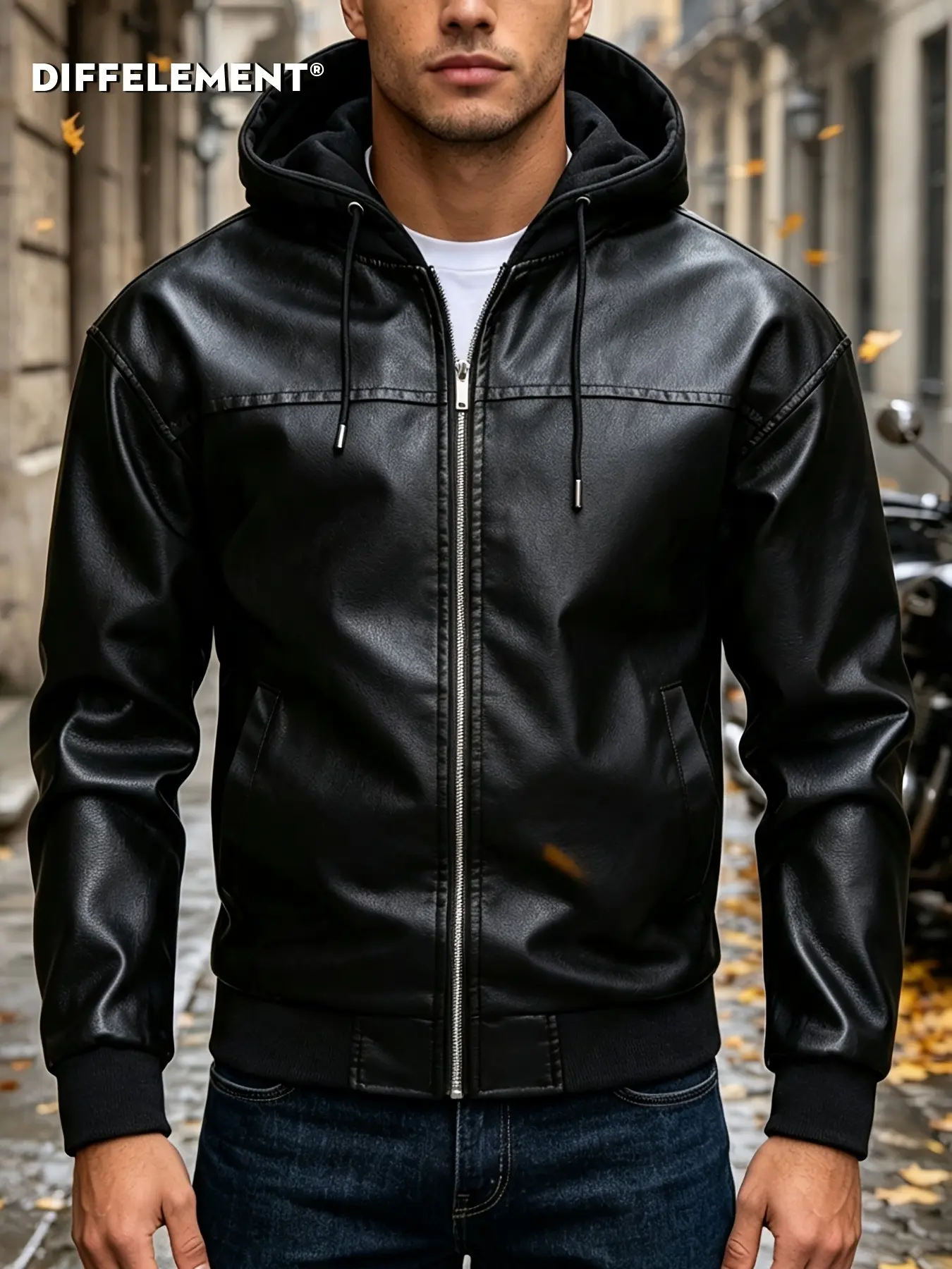 Men's Hooded Drawstring PU Leather Jacket, Slim-fit Casual Hooded Style, Autumn & Winter Street Motorcycle Commute Layering Outerwear, Ribbed Elastic Hem and Cuffs, Versatile Colored Hooded Leather Coat