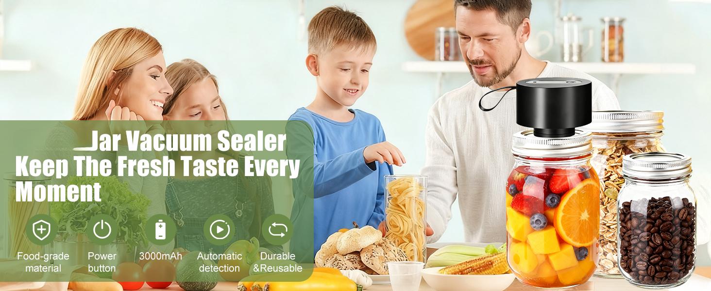 Electric  Mason Jar Vacuum Sealer Kit, Automatic Stop Sealing Machine for Food Storage, Cordless Jar Sealer Compatible with Wide and Regular Mouth Mason Jars, Bags & Containers, 680+ Uses