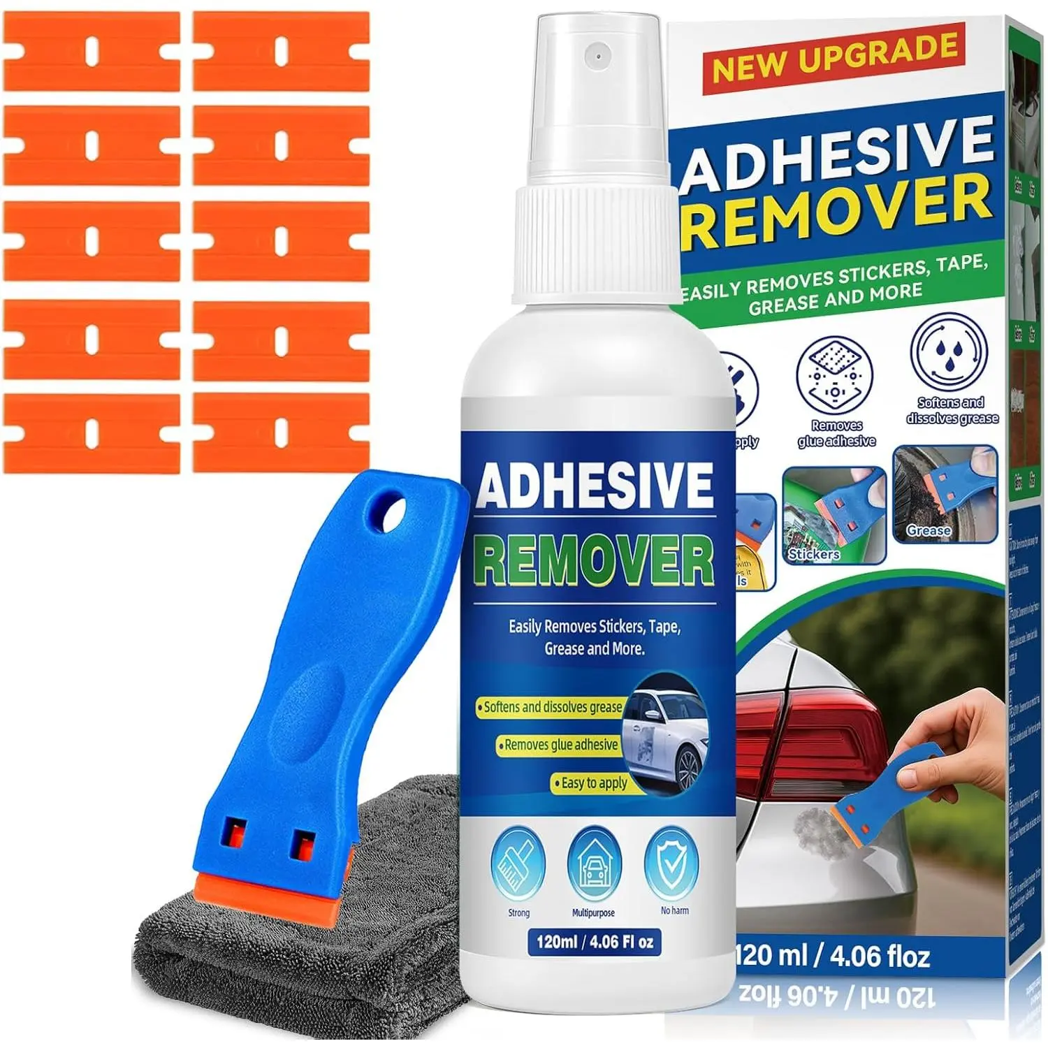 Adhesive Remover, Sticker Remover with Plastic Razor & Towel, 120ml Glue Removers for Removing Labels, Tapes, , Wax and Sticky ,  Super Glue Removers for Floor, Windows, Walls,